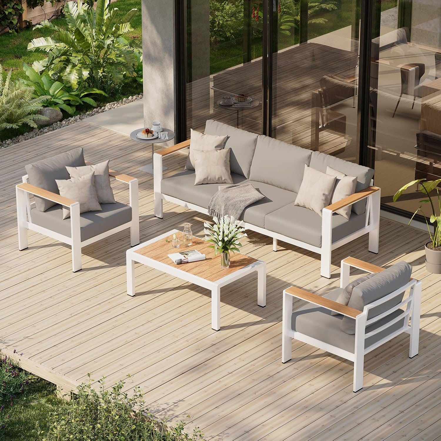 Aluminum Outdoor Patio Furniture Set with Coffee Table, 4 Piece Patio Conversation Sets with Washable Thick Cushions