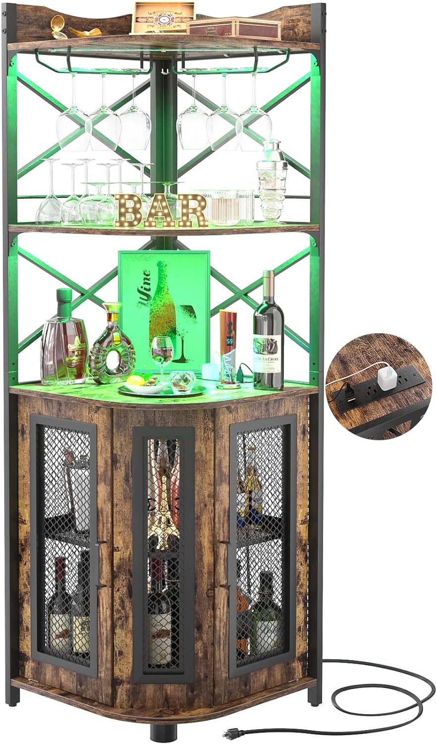 Corner bar cabinet with power socket industrial style wine cabinet light strip and glass rack