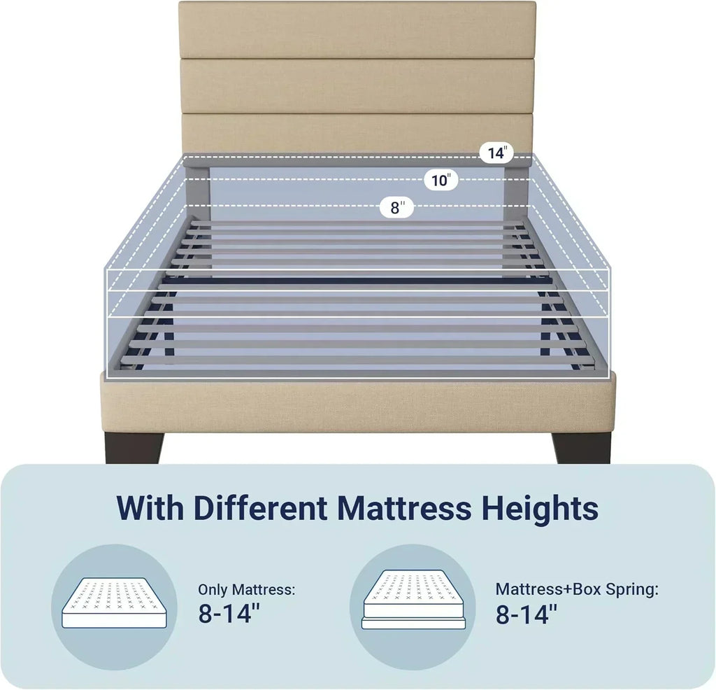 Allewie King size platform bed frame with velvet upholstered headboard and planks