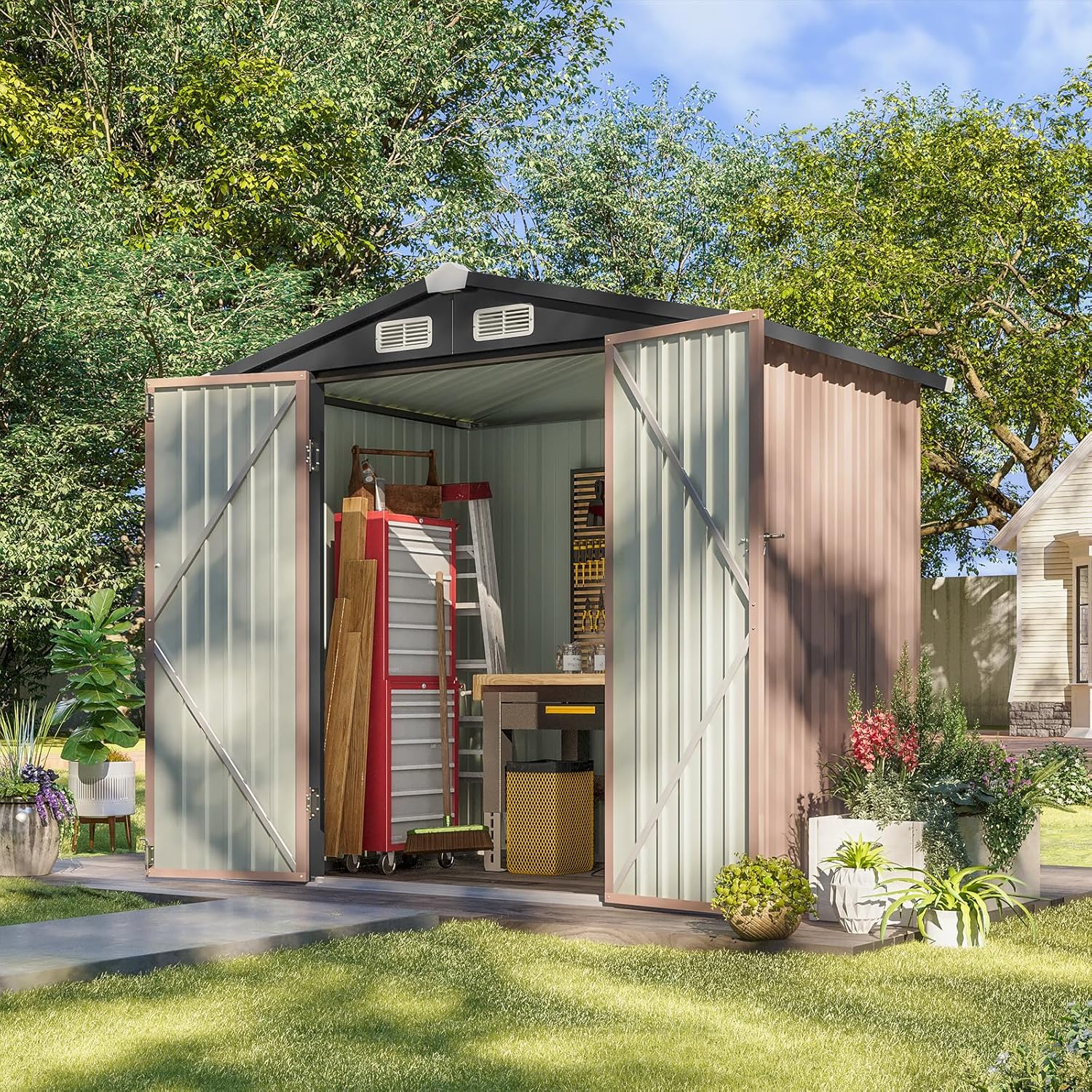 Aoxun 6.2x4 FT Shed Outdoor Storage Shed Metal Garden Shed Slooping Roof Tool Shed Bike Shed