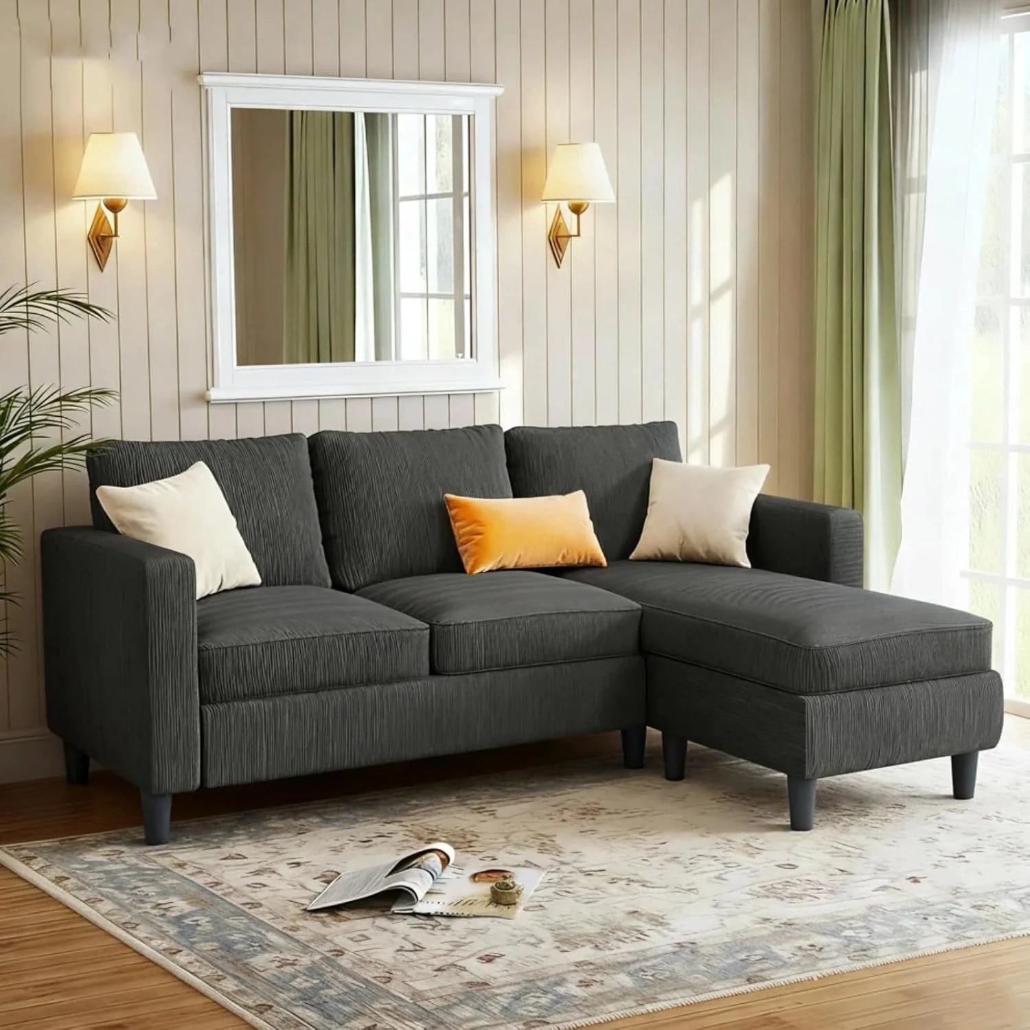JAMFLY 3-Seat Convertible L-Shaped Sectional Sofa with Reversible Ottoman, Upholstered Fabric Couch