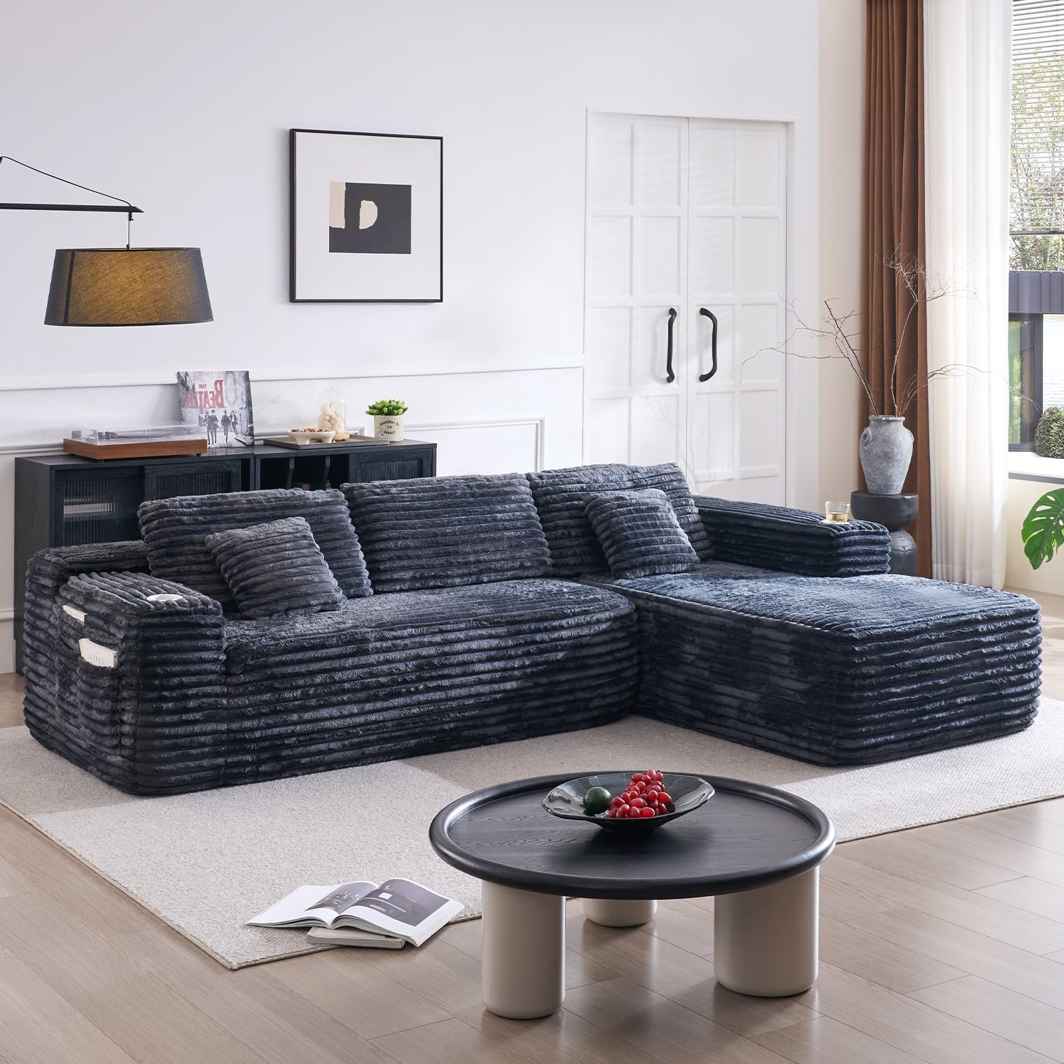 Cloud section sofa with L-shaped recliner modern modular sofa built-in cup holder