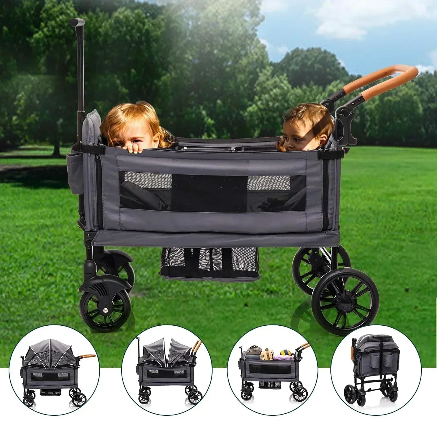 Wagon Stroller for 2 Kids Cargo-Travel Stroller Push-Pull Double Wagon Lightweight Folding Stroller