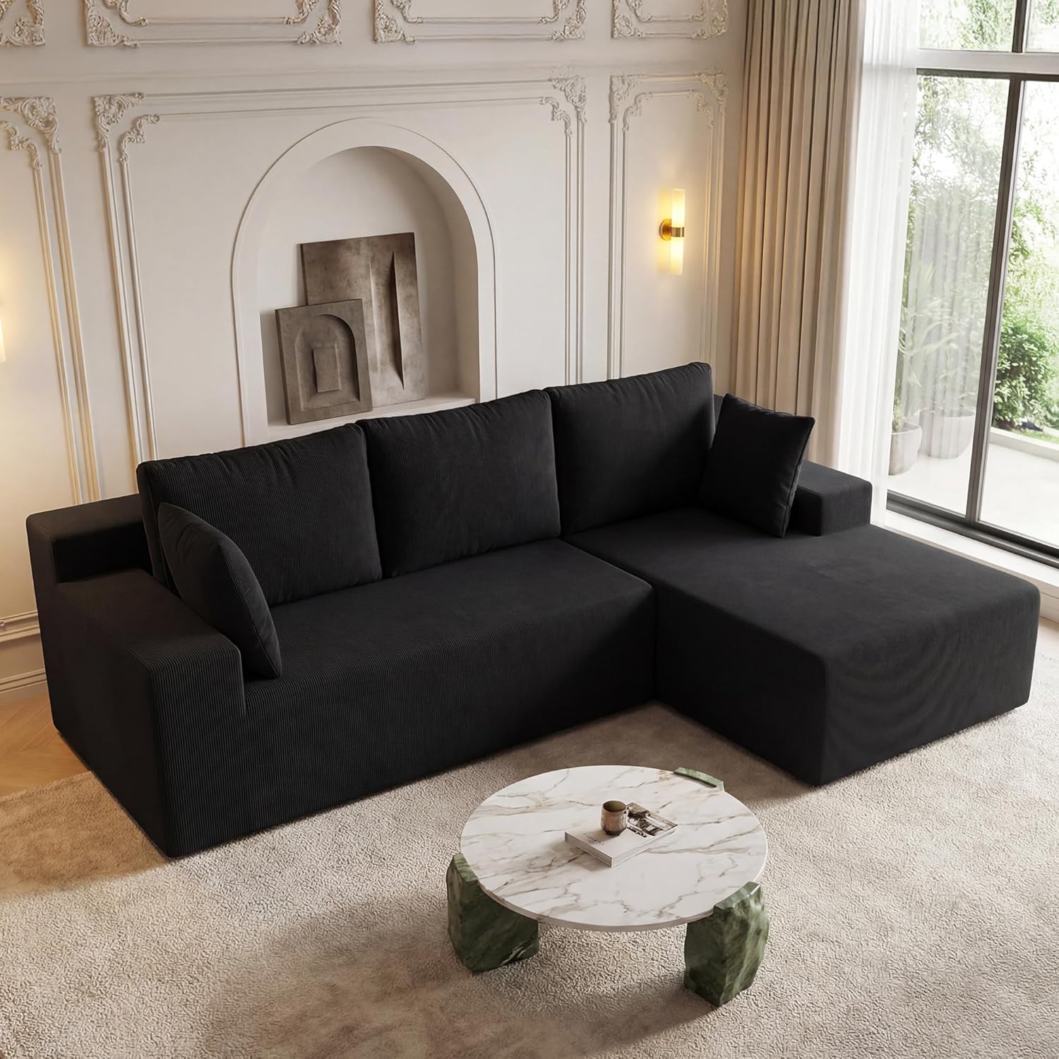 Cloud Sectional Boneless Couches for Living Room, Modular L Shaped Couch with Deep Seat Oversized Right Facing Chaise, Memory Foam Compressed Spineless 3 Seater Sofa for Apartment, Black | No Assembly Required, Deep Seat, Cat-Claw Resistant, High-Res