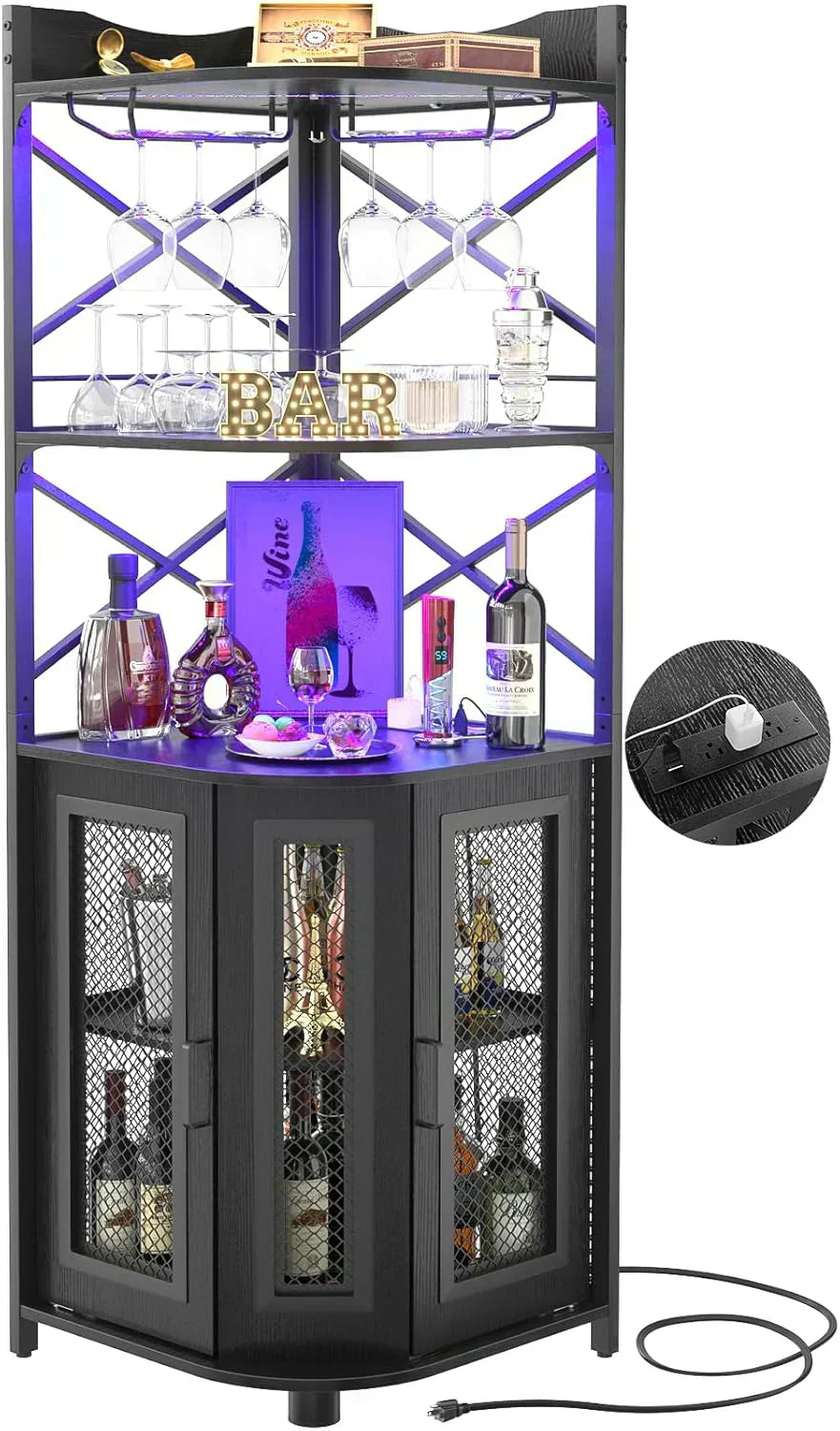 Corner bar cabinet with power socket industrial style wine cabinet light strip and glass rack