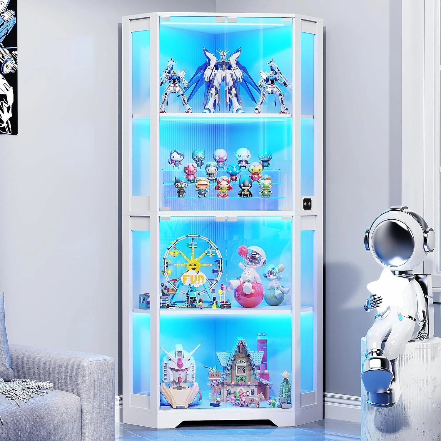 Corner Display Cabinet with Glass Doors, 65 Lighted Curio Cabinet with 3 Color Lights