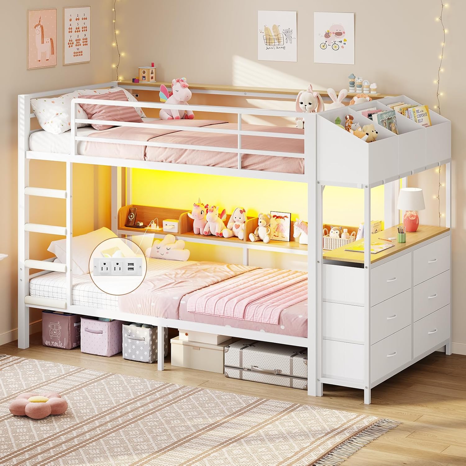 DICTAC Bunk Bed with L-Shaped Desk 5 Storage Drawers and 2 Shelves Metal Twin XL