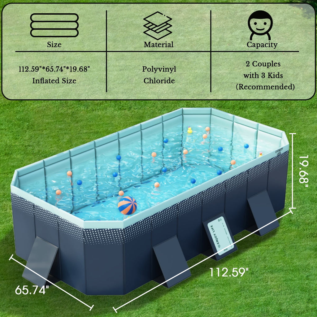 Hurber Foldable Swimming Pool, Large Non-Inflatable Adults Kiddie Outdoor Pools, Blue, 113 x 66 x 20