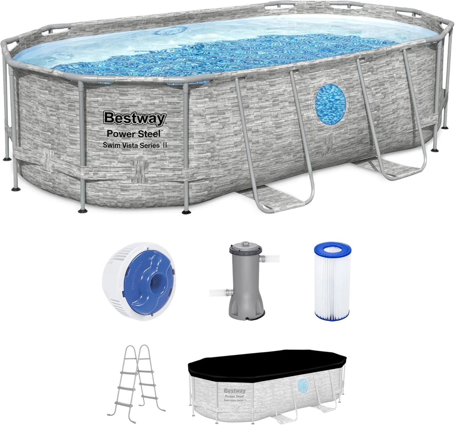 Power Steel Swim Vista Series II 14' x 8' 2 x 39.5 Above Ground Outdoor Swimming Pool Set with 530 GPH Filter Pump, Ladder, and Pool Cover