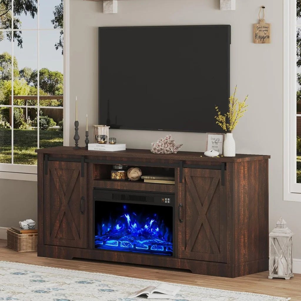 AMERLIFE Fireplace TV Stand with Sliding Barn Door for TVs up to 73, Farmhouse 63 Fireplace Entertainment Center with Storage Cabinets/Adjustable Shelves