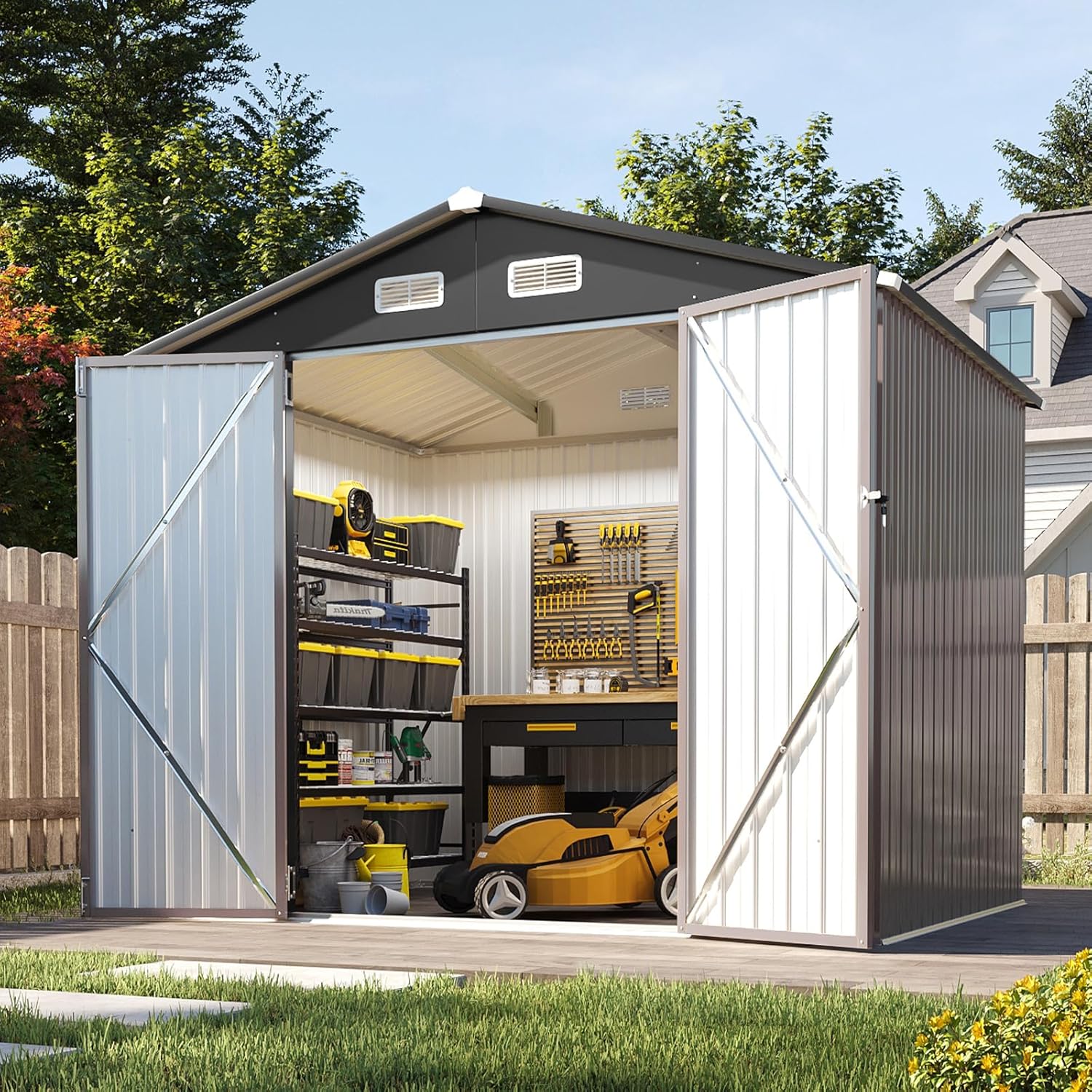 Aoxun 6.2x4 FT Shed Outdoor Storage Shed with Lockable Doors Sloping Roof Metal Garden