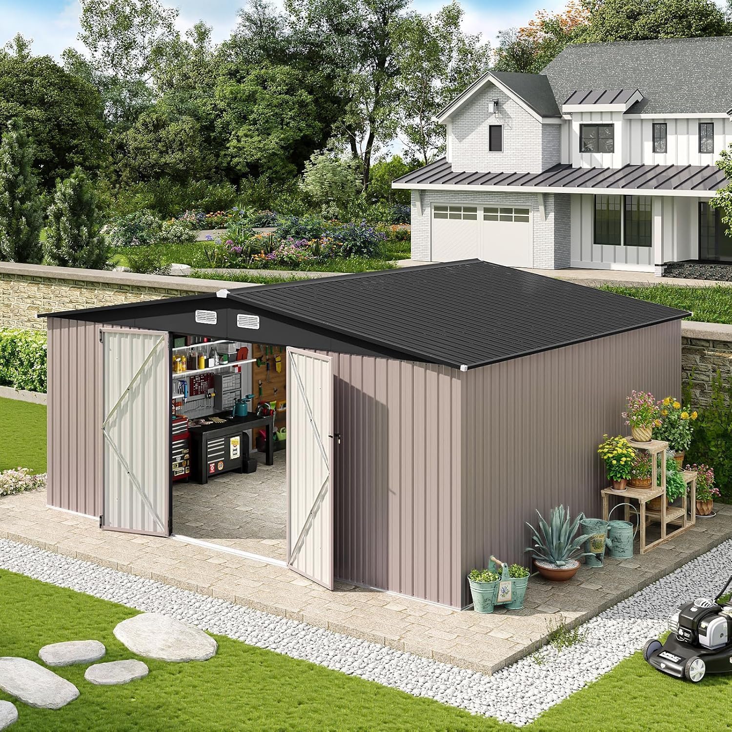 Aoxun 10 x 12FT Outdoor Storage Shed with Double Hinged Large Door Utility Garden Shed
