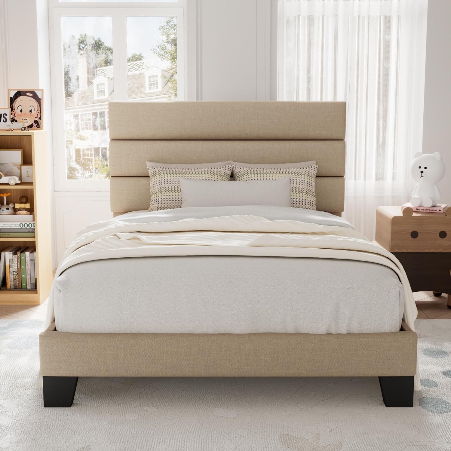 Allewie Queen Size Platform Bed Frame Fabric Upholstered Headboard Wooden Slats Support