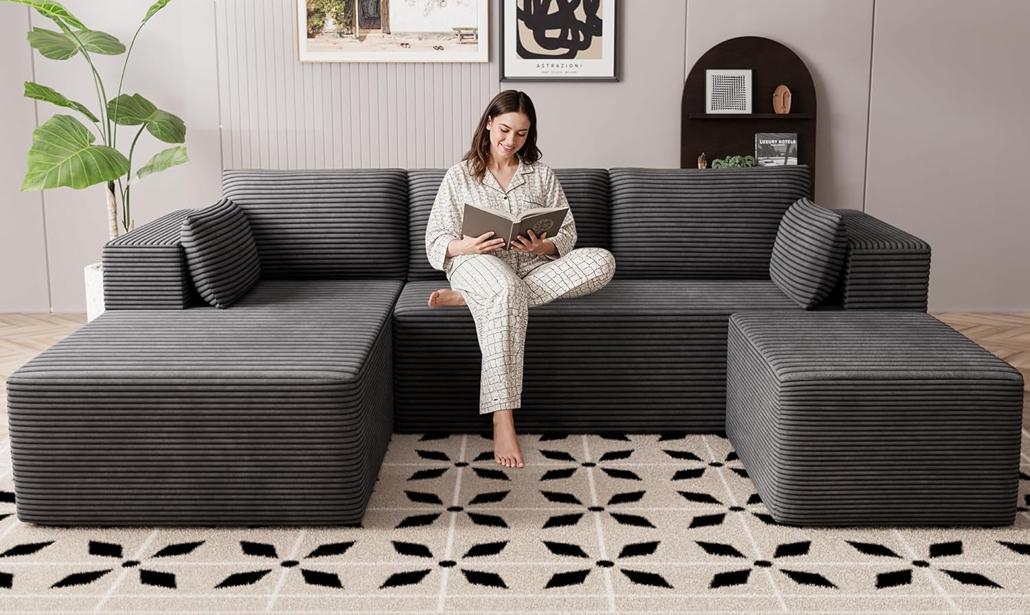 Cloud Sectional Boneless Couches for Living Room, Modular L Shaped Couch with Deep Seat Oversized Right Facing Chaise, Memory Foam Compressed Spineless 3 Seater Sofa for Apartment, Black | No Assembly Required, Deep Seat, Cat-Claw Resistant, High-Res