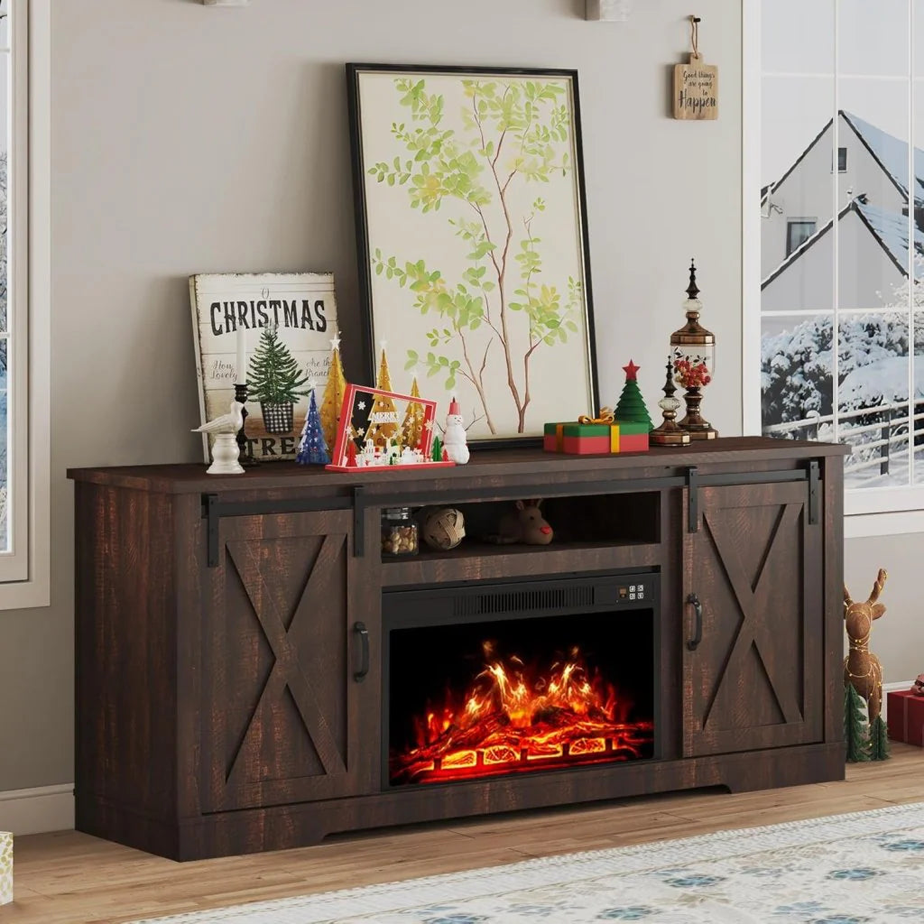 AMERLIFE Fireplace TV Stand with Sliding Barn Door for TVs up to 73, Farmhouse 63 Fireplace Entertainment Center with Storage Cabinets/Adjustable Shelves