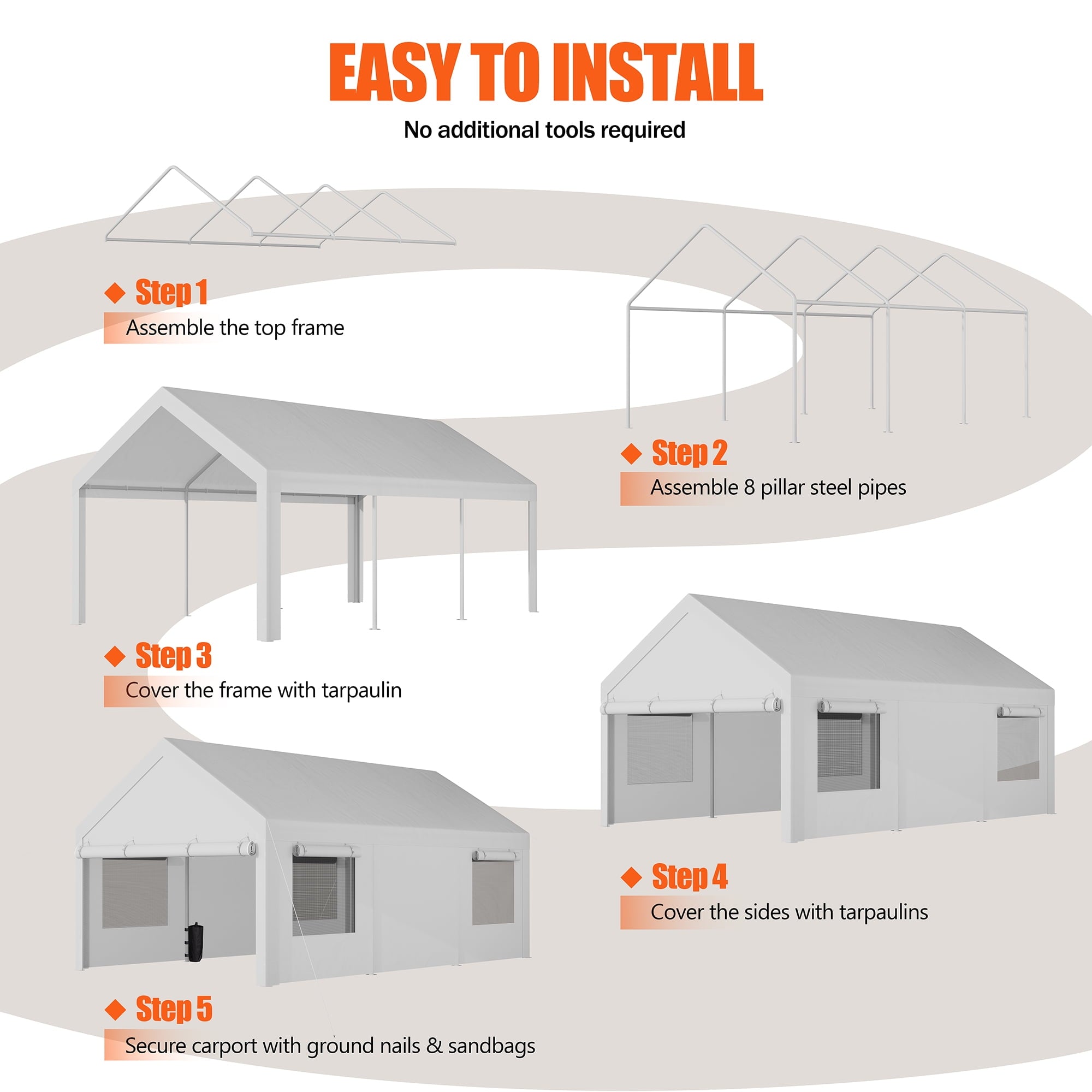 Walsunny 10x20 ft Carport with 4 Sandbags Heavy Duty Car Canopy with Roll-up Windows Portable Garage with Removable Sidewalls & Doors Khaki