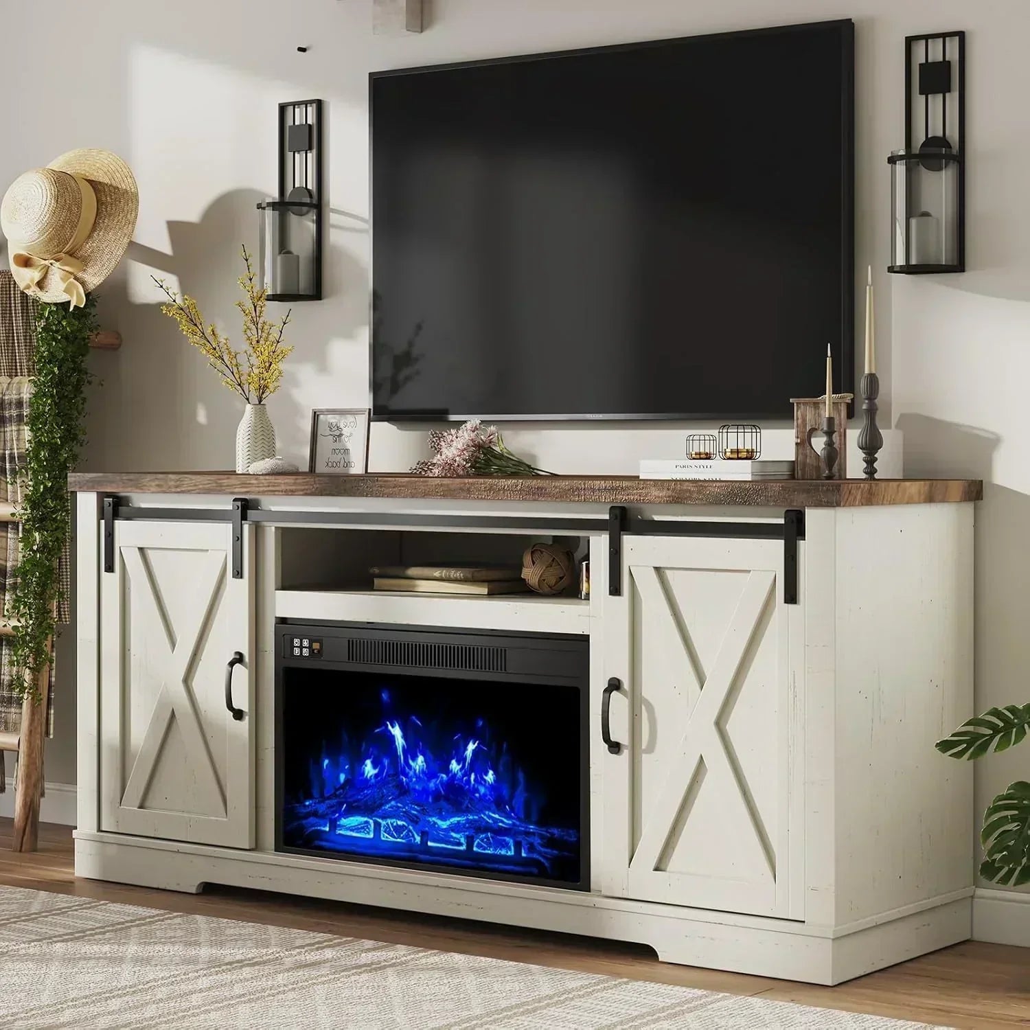 AMERLIFE Fireplace TV Stand with Sliding Barn Door  Farmhouse 63 Fireplace Entertainment Center
