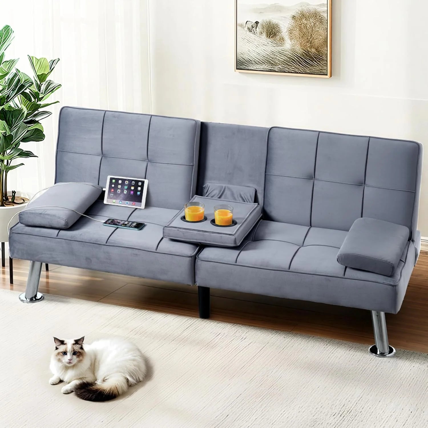 FLEXISPOT Futon Sofa Bed with USB Type-C Charging Port, Convertible Sleeper Couch with Adjustable Backrest