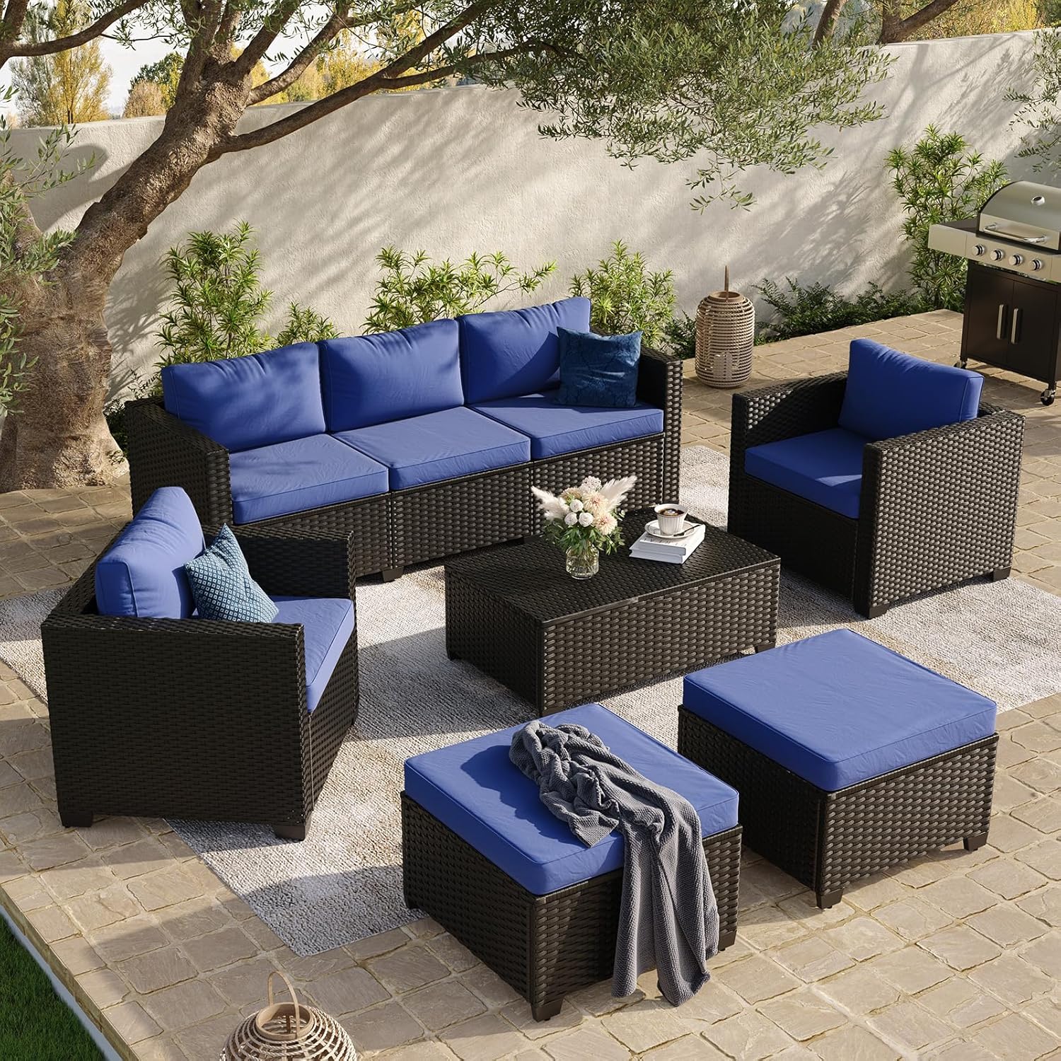 Aoxun 8 Piece Outdoor Patio Furniture Set 7 Seats, Outdoor Sectional with Thick Waterproof Cushions & Storage Coffee Table, Patio Conversation Sets for Garden,Backyard, Porch, Balcony, Deck, Beige