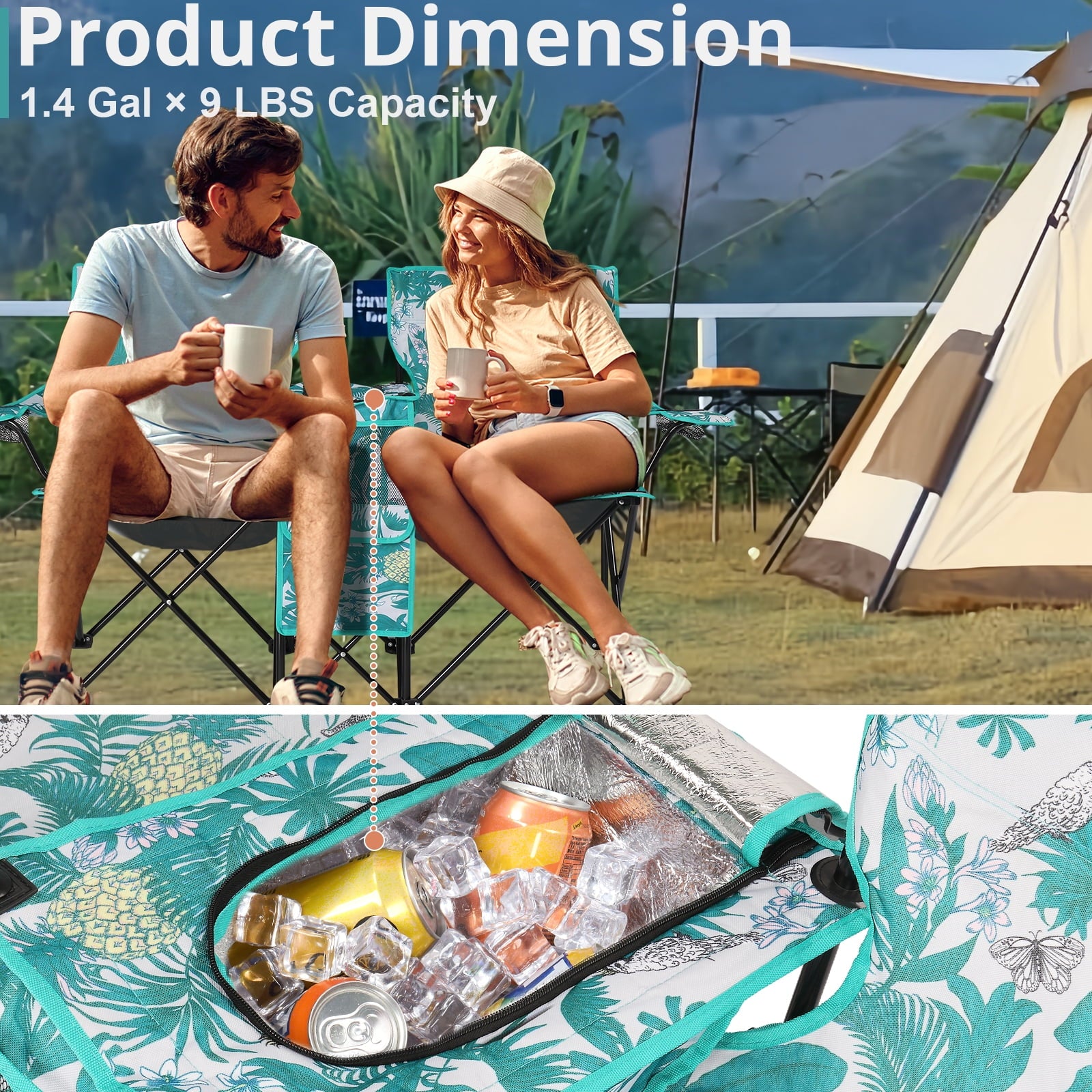 Ktaxon Camping Loveseat Chair, Folding Double Outdoor Chair with Removable Sun Umbrella & Carrying Bag, Double Chairs with Cooler Bag for Lawn Fishing Outdoor, Gray