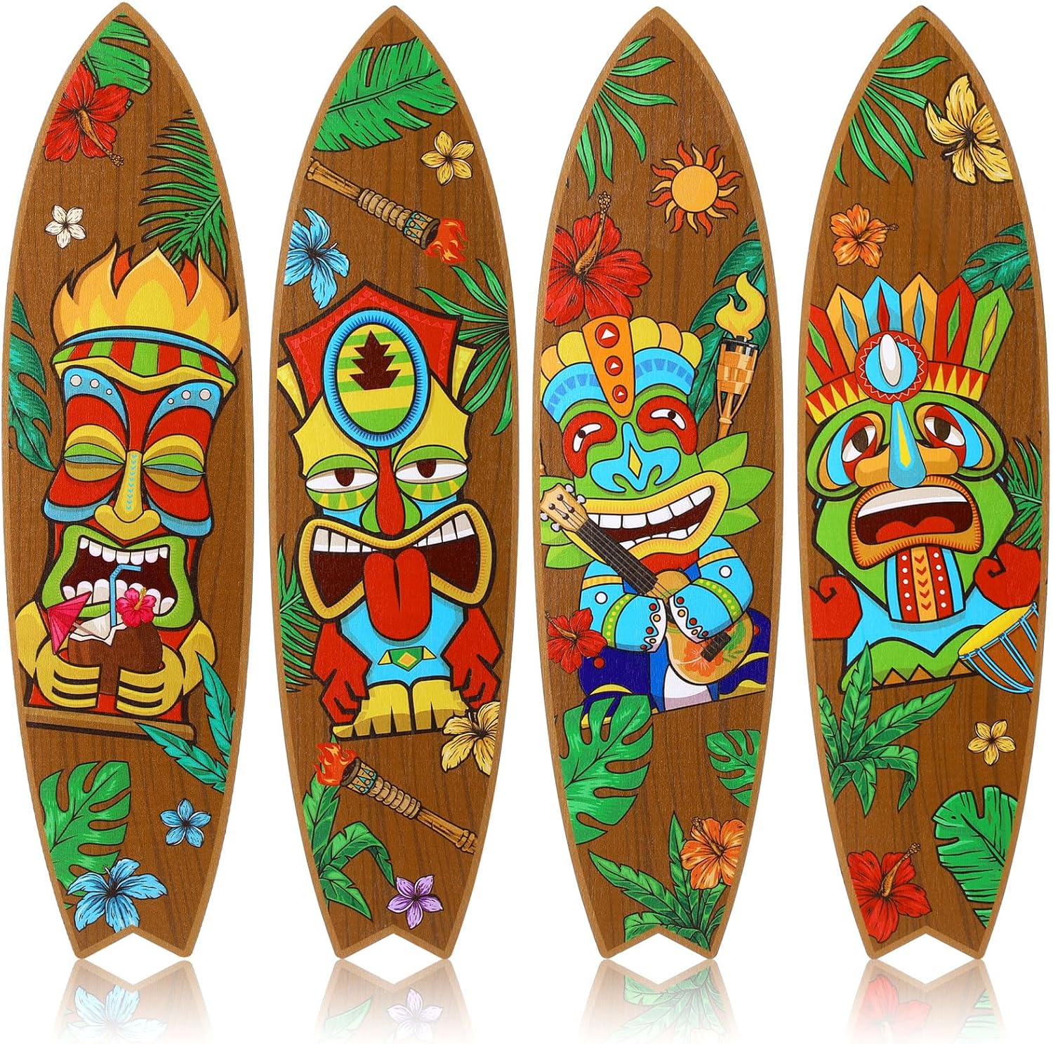 Blulu 4 Pcs Surfboard Wall Decor Surfboard Wall Hanging Sign Wooden Beach Decoration Summer Theme Decor Hawaiian Luau Party Decoration for Home Bar Aloha Tropical Birthday Party(Tiki)