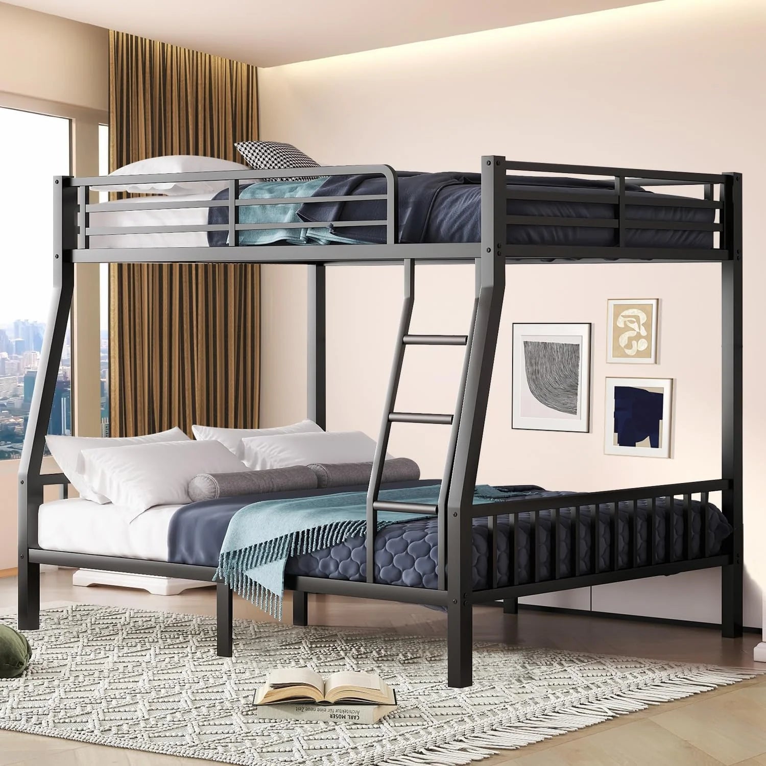 Cyranture Bunk Beds Twin Over Full Size Heavy Duty Bunk Beds Guardrail Metal Bunk Bed Frame
