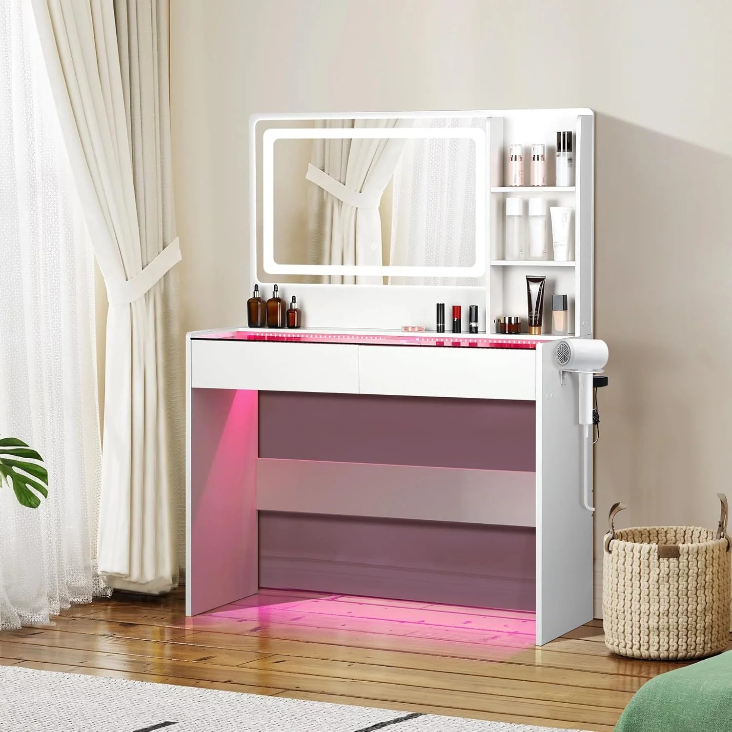 Vanity Desk,Transparent Desktop,Multiple Color Ambient Lights,with Mirror