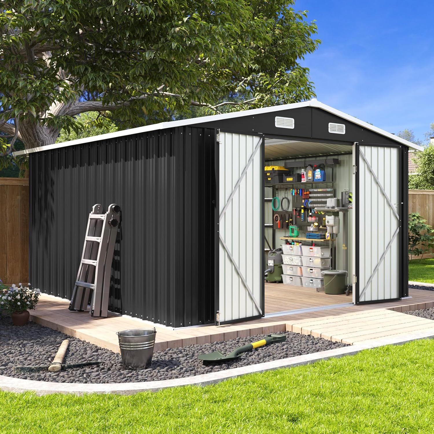 Aoxun 10 x 12FT Outdoor Storage Shed with Double Hinged Large Door Utility Garden Shed