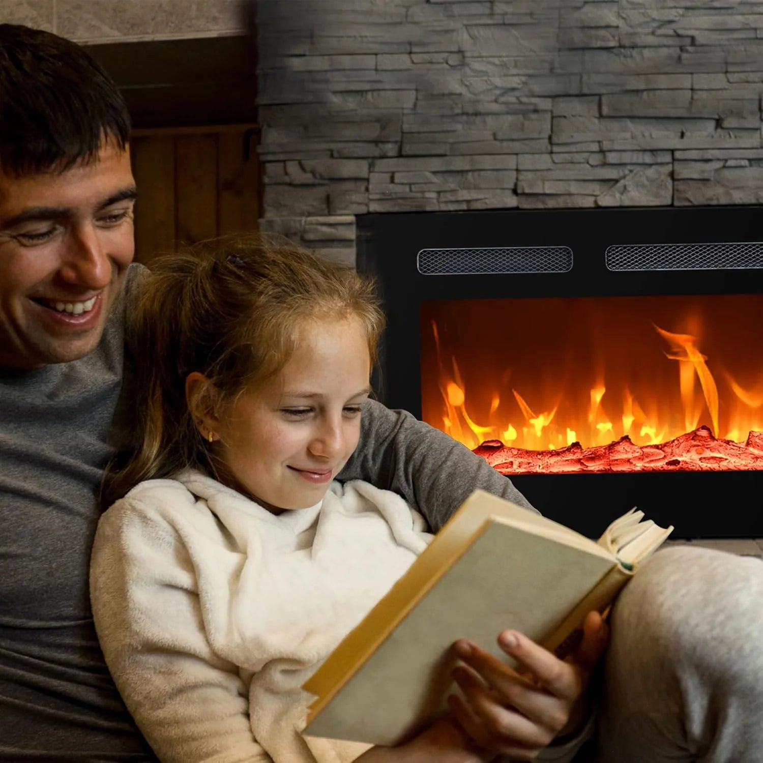 EUHOMY 50 Inch Electric Fireplace Wall Recessed and Wall Mounted with Adjustable Flame Color, Fireplace Heater with Remote Control, Linear Fireplace with Timer, Touch Screen, Log & Crystal, 750/1500W