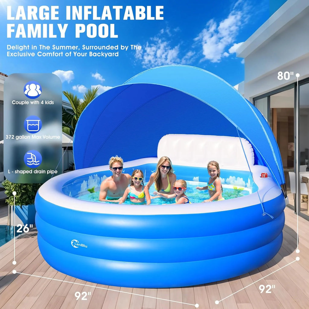 2025 Upgraded Inflatable Pool with Canopy, Inflatable Family Lounge Pool, Round Blow Up Pool for Adult with Bench & Backrest, Swim Center Easy Backyard Pools for Kids & Adults, 92x92x26, Blue
