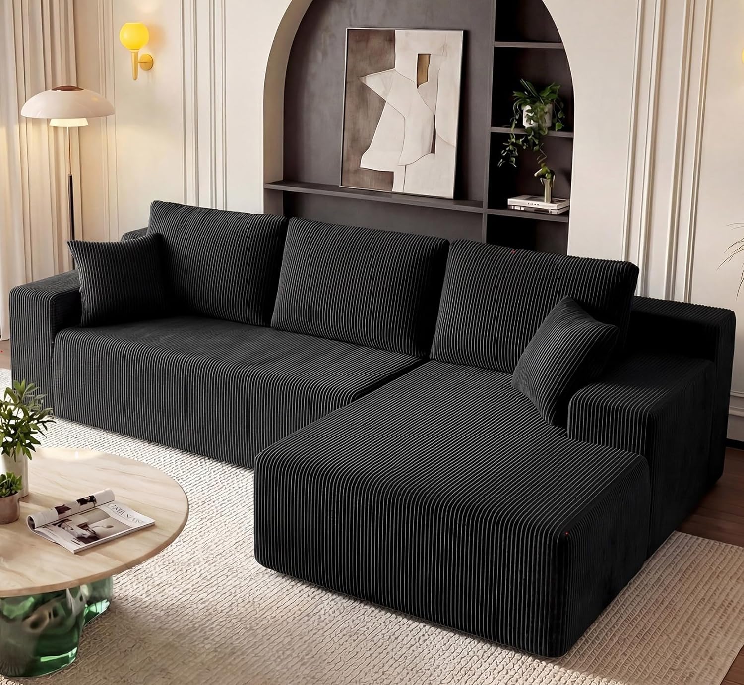 Cloud Sectional Boneless Couches for Living Room, Modular L Shaped Couch with Deep Seat Oversized Right Facing Chaise, Memory Foam Compressed Spineless 3 Seater Sofa for Apartment, Black | No Assembly Required, Deep Seat, Cat-Claw Resistant, High-Res
