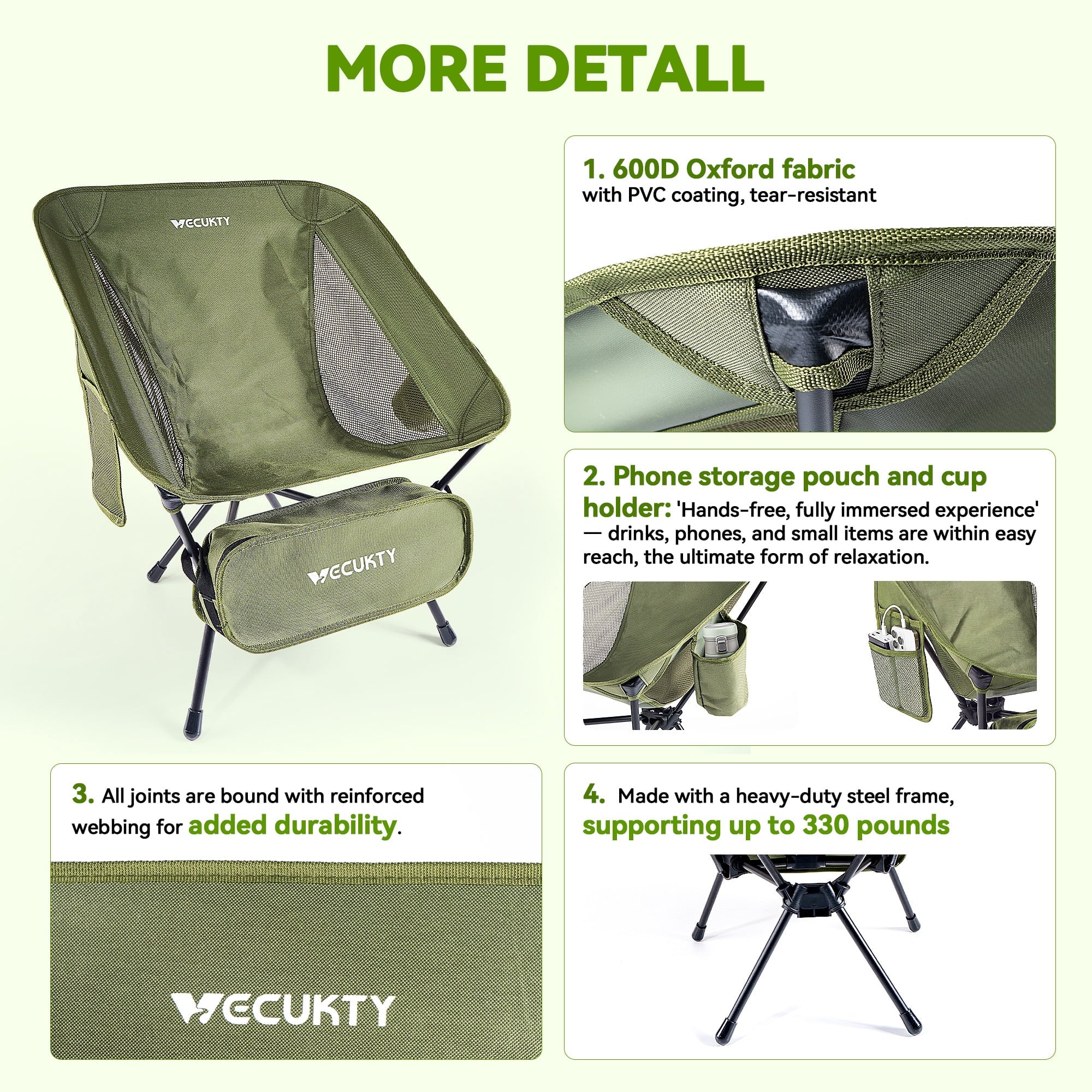 VECUKTY Portable Camping Chair with Carry Bag, Lightweight Folding Outdoor Chair with Side Pocket for Camping, Hiking, Fishing, Black