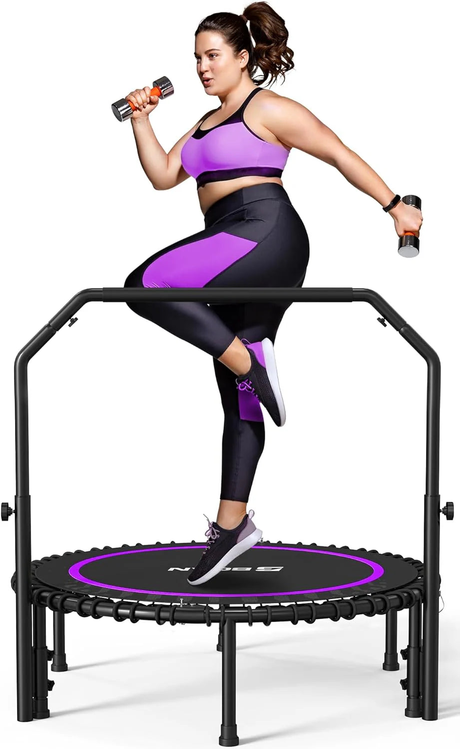 BCAN 450/550 LBS Foldable Mini Trampoline, 40/48 Fitness Trampoline with Bungees, U Shape Adjustable Foam Handle, Stable & Quiet Exercise Rebounder for Adults Indoor/Outdoor Workout