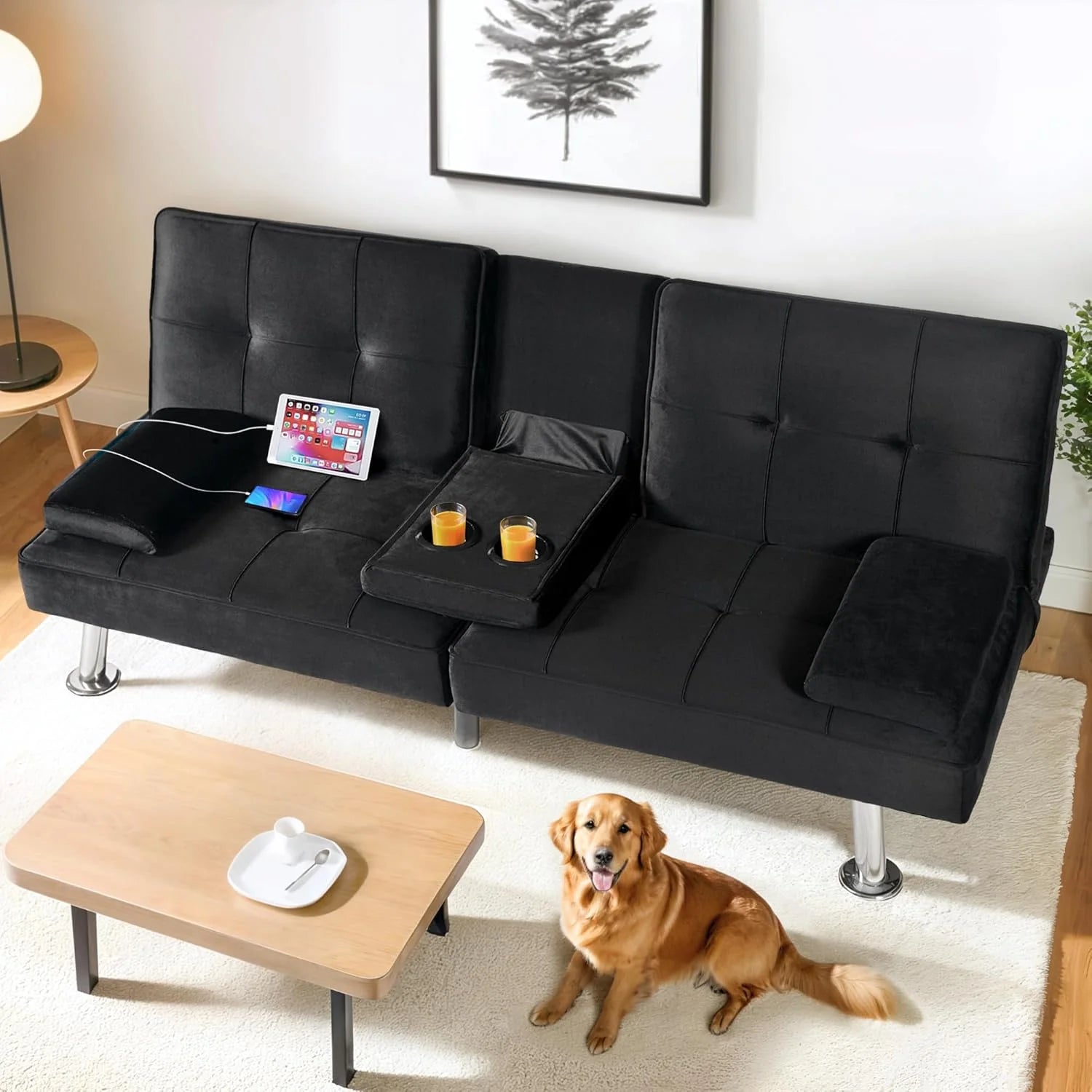 FLEXISPOT Futon Sofa Bed with USB Type-C Charging Port, Convertible Sleeper Couch with Adjustable Backrest