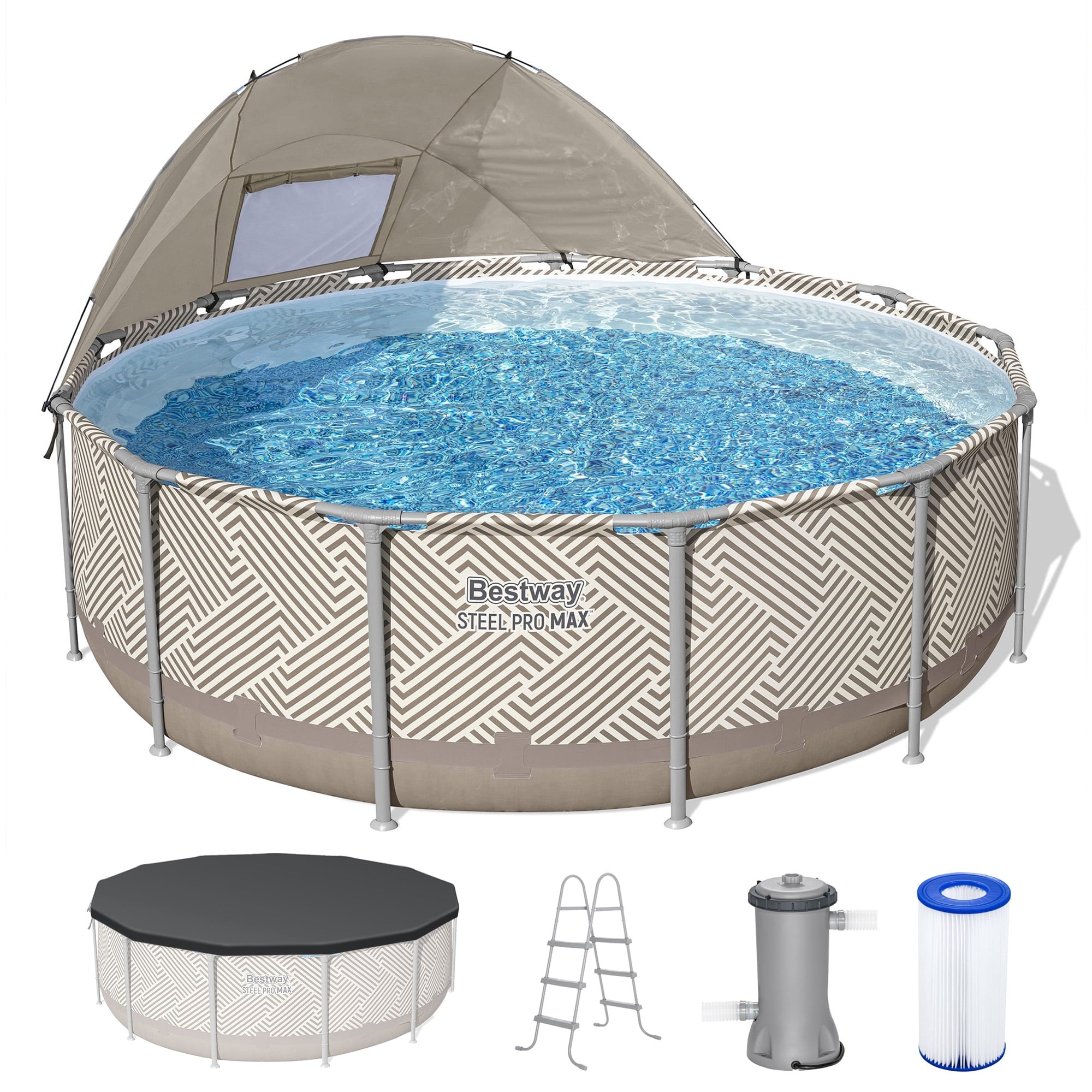 Bestway Power Steel 14’x42” Metal Frame Above Ground Pool w/ Pump, Ladder, & Cover, Brown