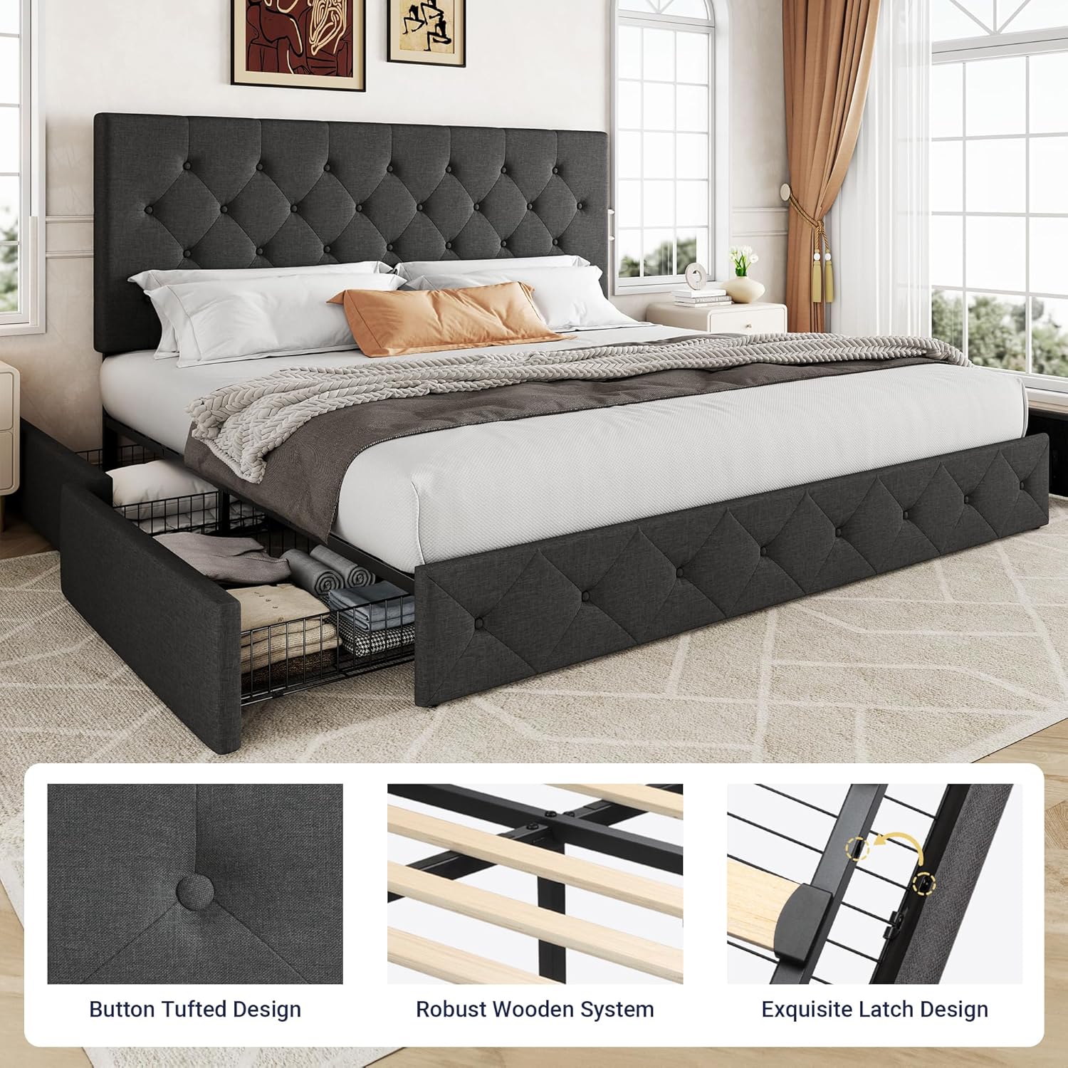 Allewie Upholstered Queen Size Platform Bed Frame with 4 Storage Drawers and Headboard
