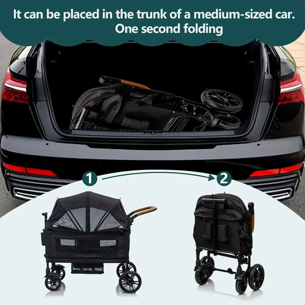 Wagon Stroller for 2 Kids Cargo-Travel Stroller Push-Pull Double Wagon Lightweight Folding Stroller