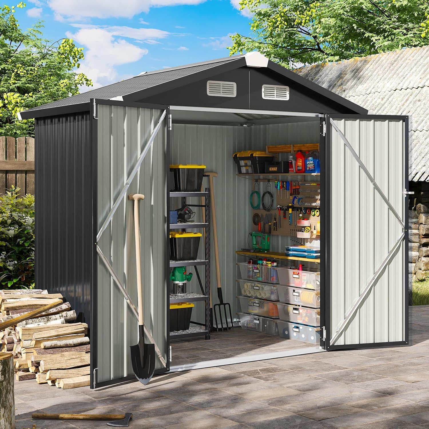 Aoxun 6.2x4 FT Shed Outdoor Storage Shed Metal Garden Shed Slooping Roof Tool Shed Bike Shed