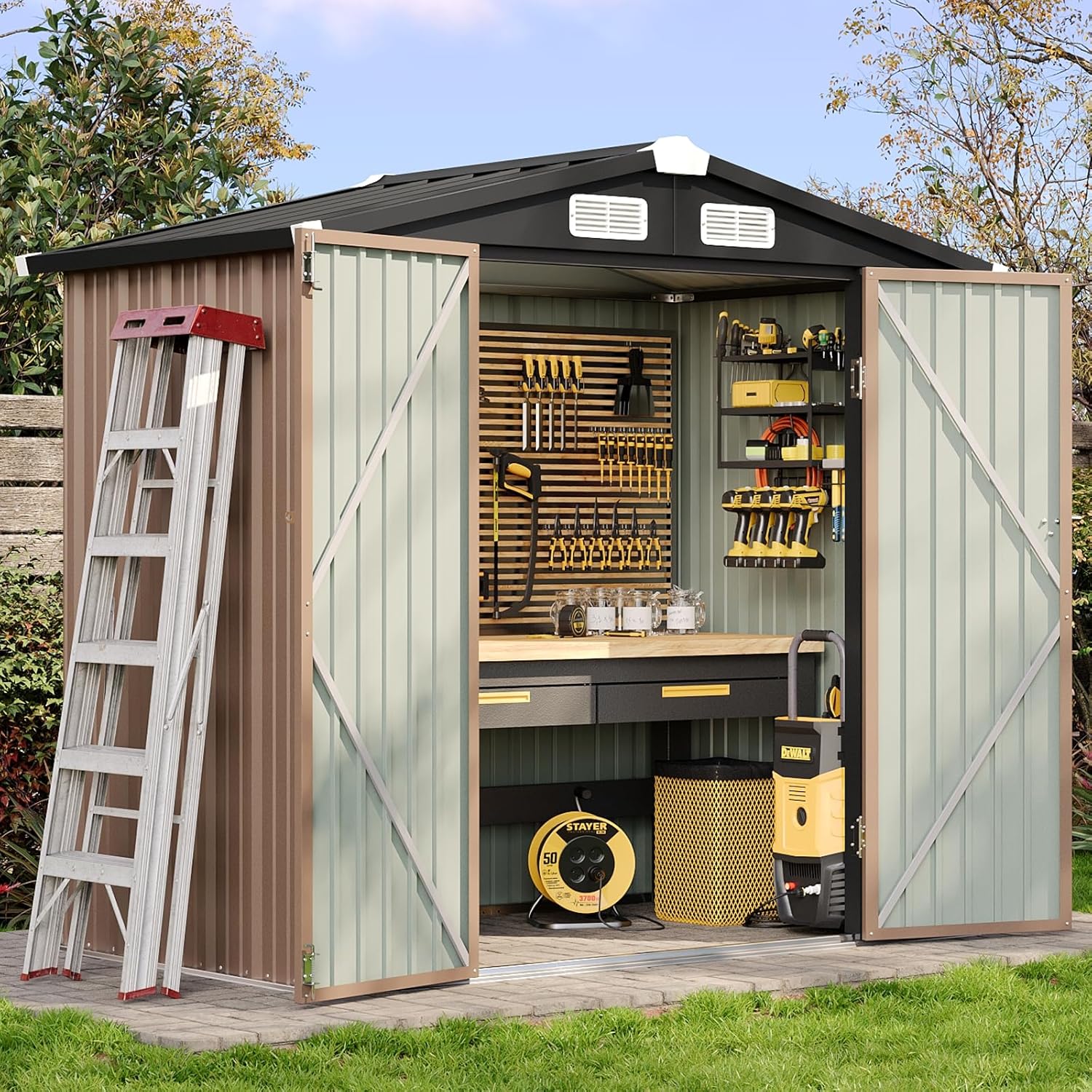 Aoxun 6.2x4ft Shed Outdoor Storage Shed with Lockable Door Metal Garden Tool Shed