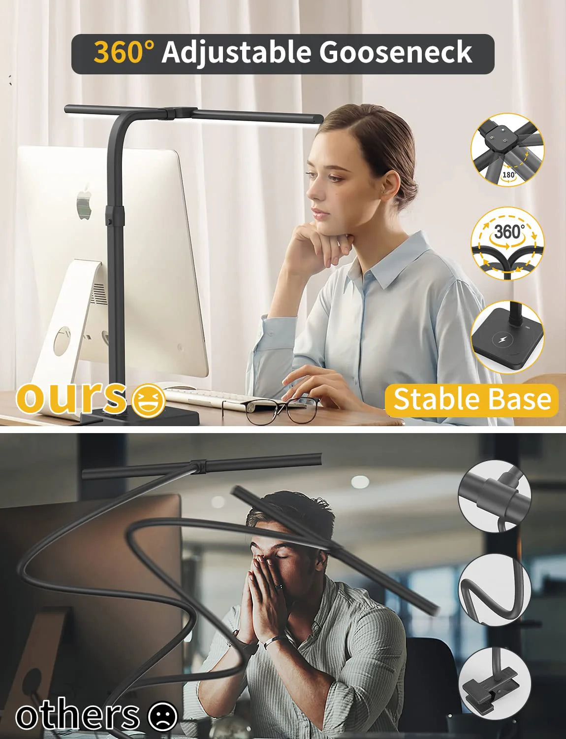 LED Desk Lamp for Home Office Double Head 24W Architect Light with 5 Brightness Levels Flexible Gooseneck