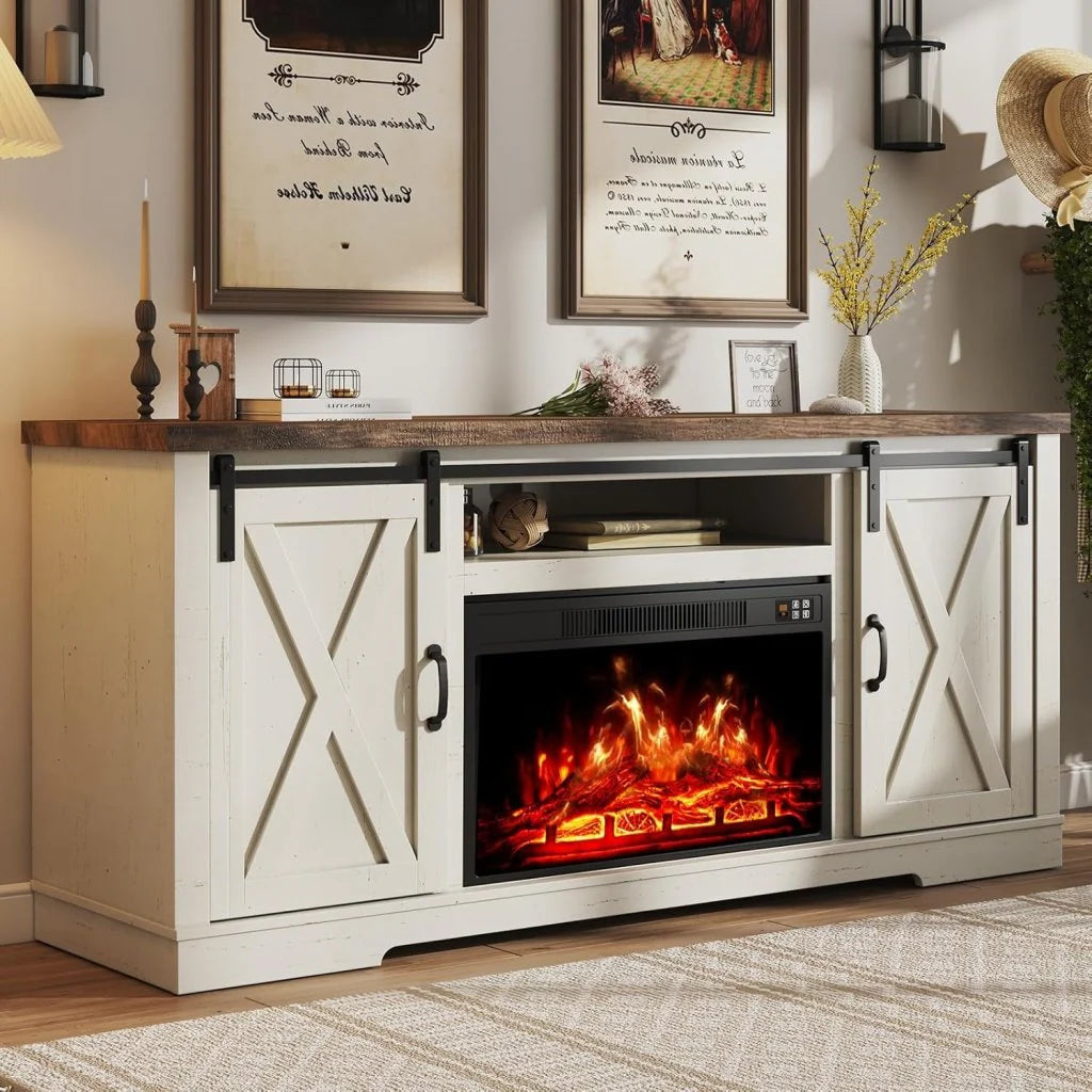 AMERLIFE Fireplace TV Stand with Sliding Barn Door for TVs up to 73, Farmhouse 63 Fireplace Entertainment Center with Storage Cabinets/Adjustable Shelves