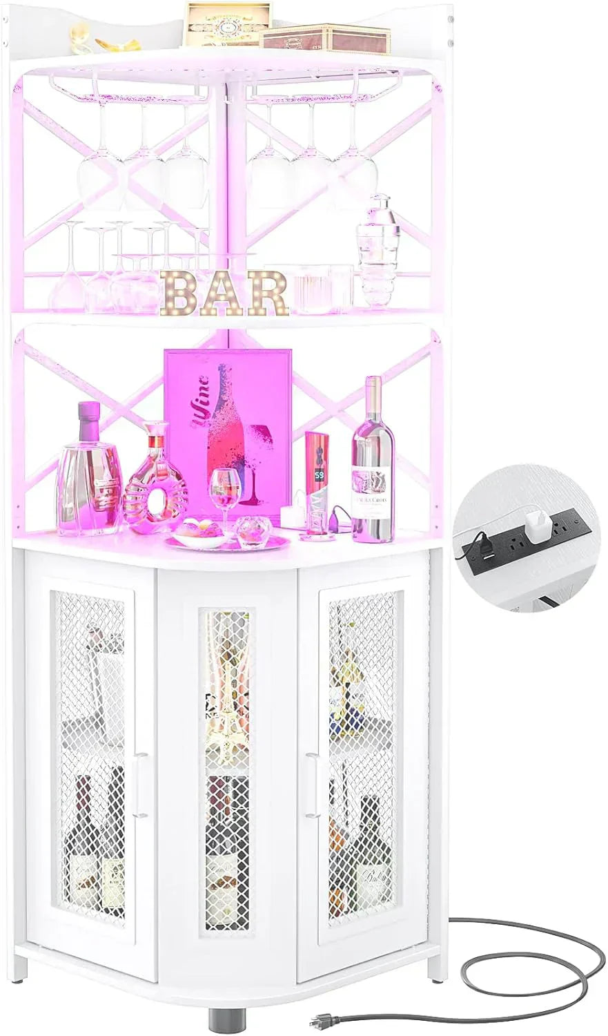 Corner bar cabinet with power socket industrial style wine cabinet light strip and glass rack