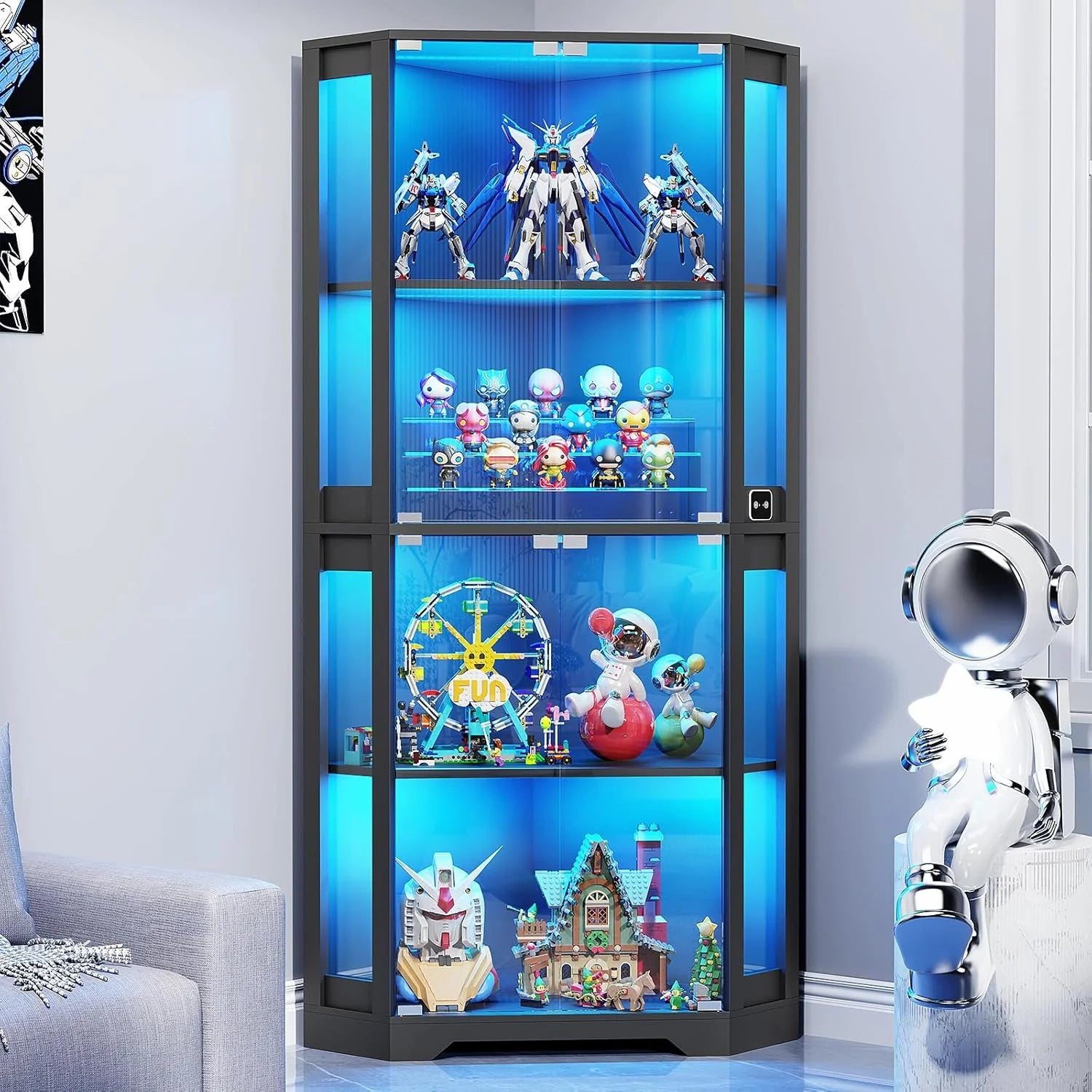 Corner Display Cabinet with Glass Doors, 65 Lighted Curio Cabinet with 3 Color Lights