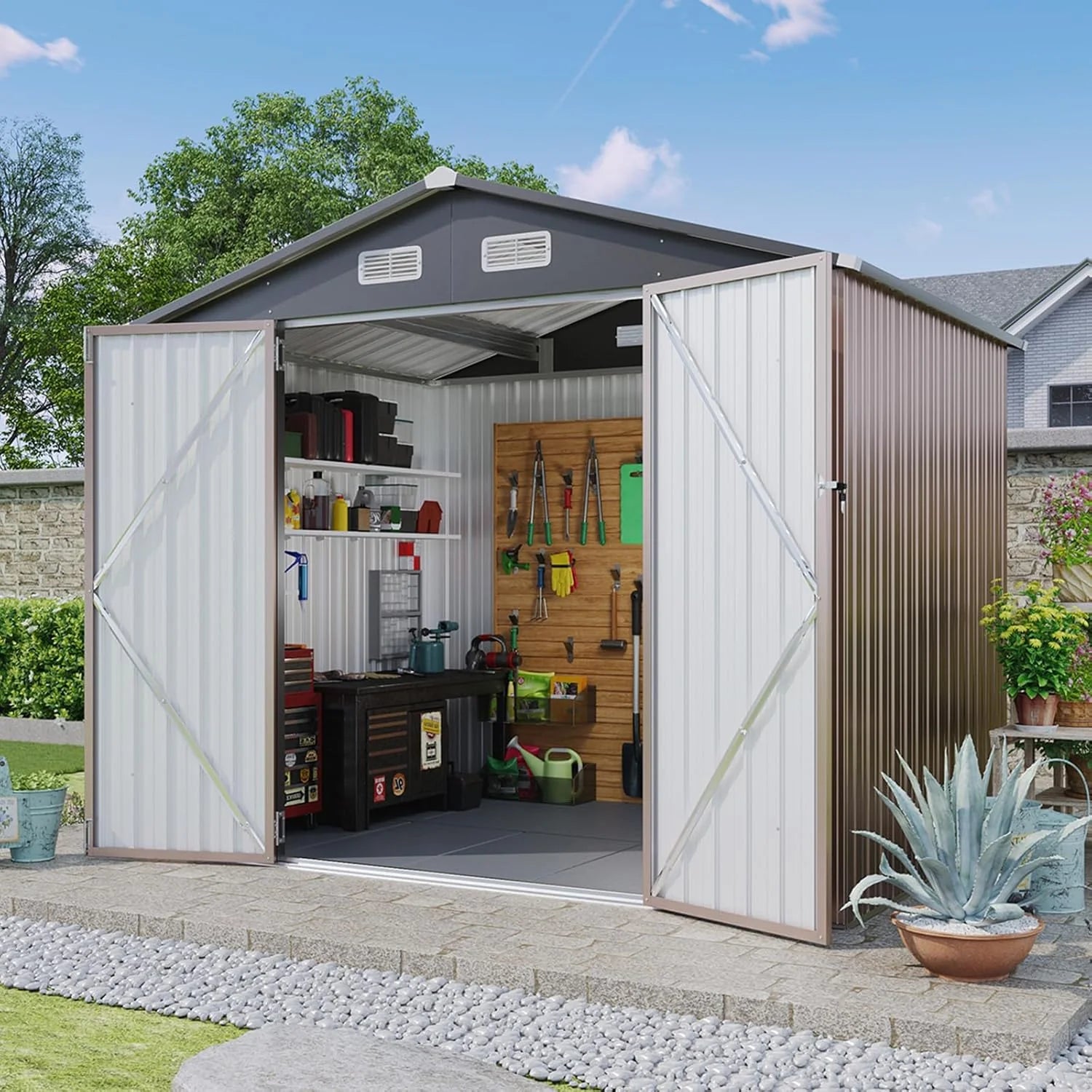 Aoxun 6.2x4 FT Shed Outdoor Storage Shed with Lockable Doors Sloping Roof Metal Garden