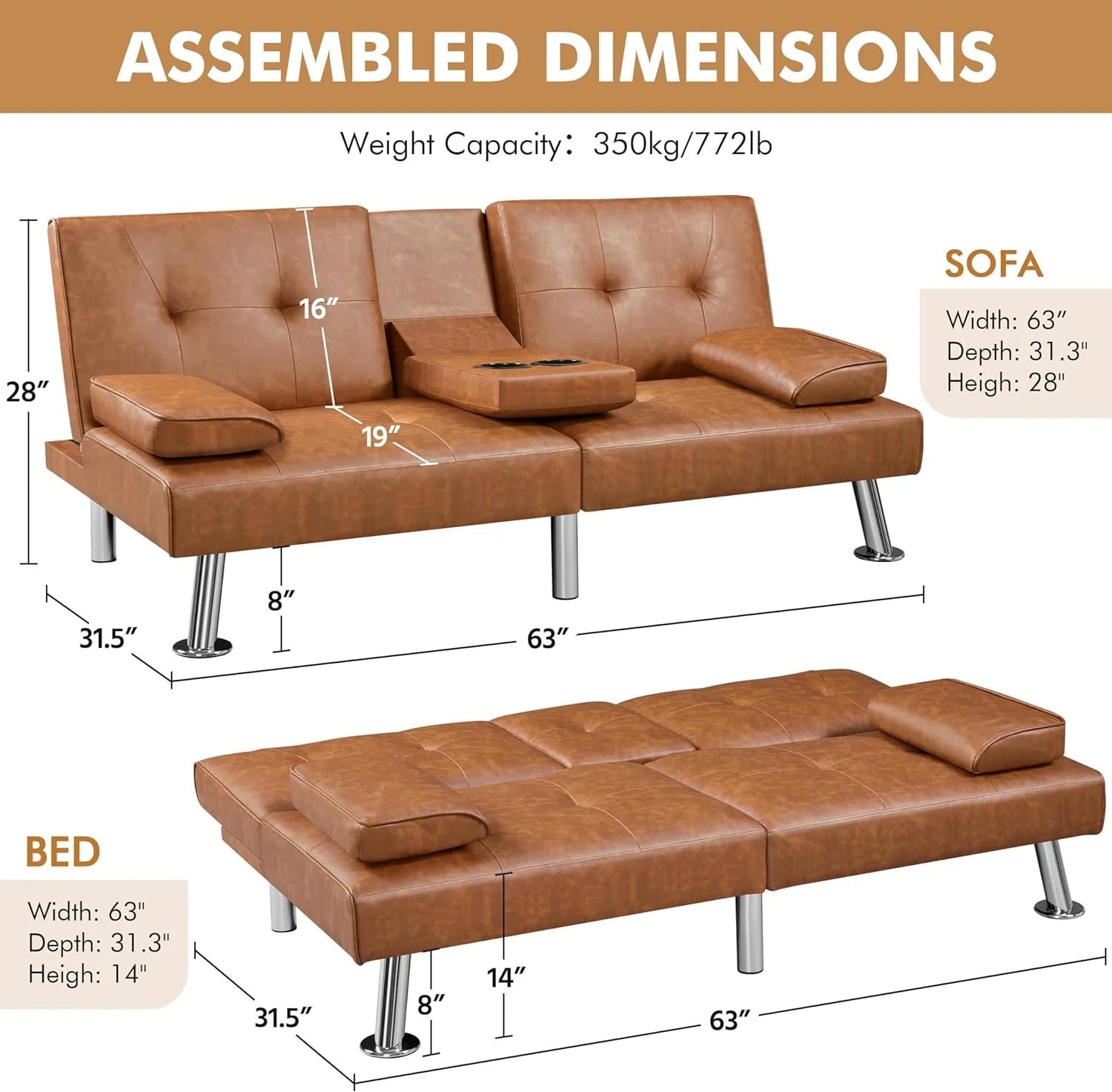 Yaheetech Convertible Sofa Bed Adjustable Couch Sleeper Modern Faux Leather Home Recliner Reversible Loveseat Folding Daybed Guest Bed, Removable Armrests, Cup Holders, 3 Angles, 772lb Capacity, Brown