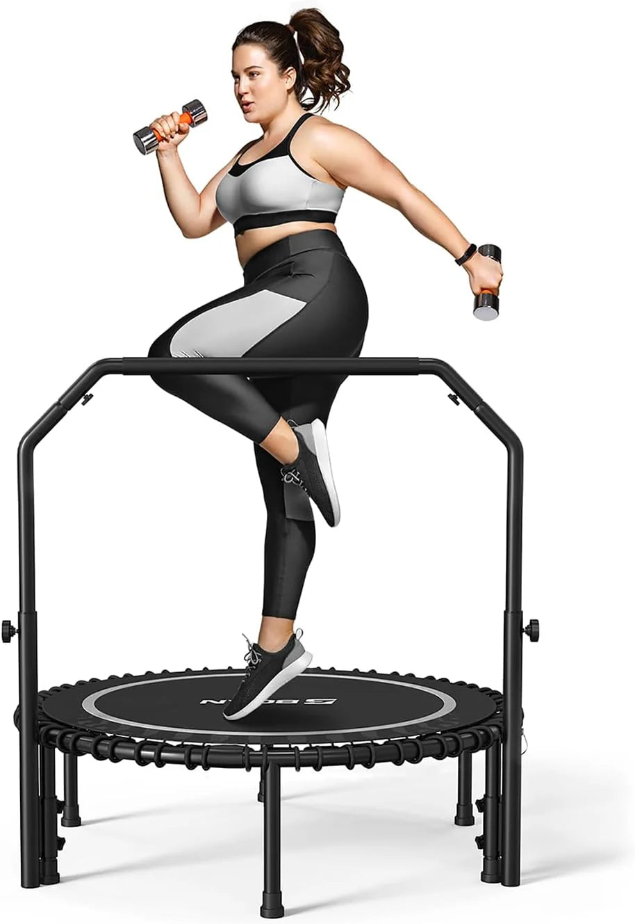 BCAN 450/550 LBS Foldable Mini Trampoline, 40/48 Fitness Trampoline with Bungees, U Shape Adjustable Foam Handle, Stable & Quiet Exercise Rebounder for Adults Indoor/Outdoor Workout