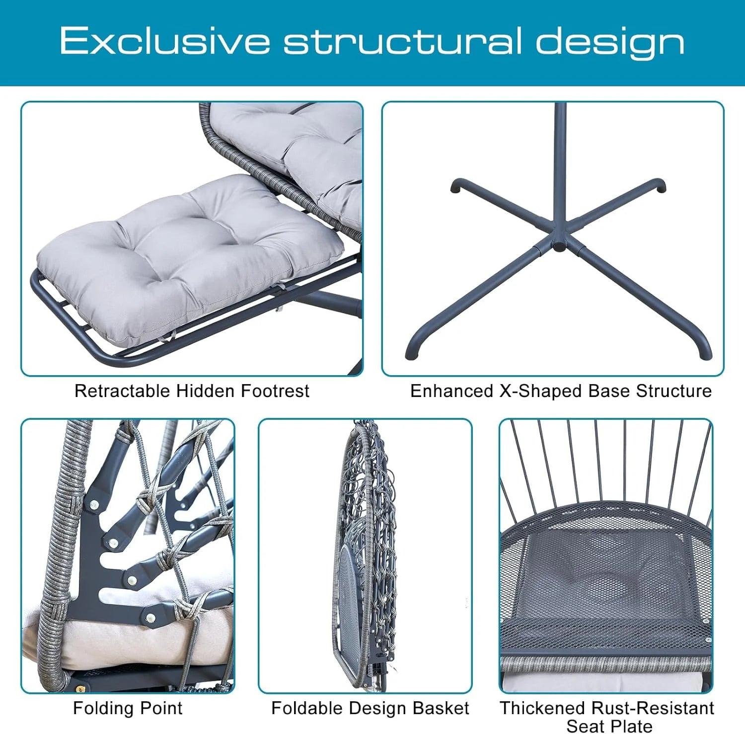 Hanging Egg Chair Stand Leg Rest Rattan Wicker Swing Hammock Chair UV-Resistant Cushion