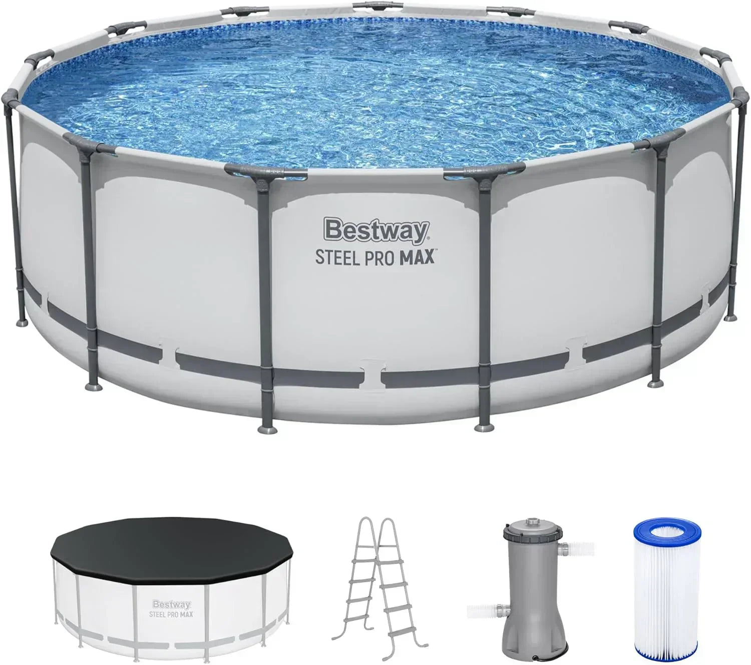 Steel Pro MAX 14 Foot x 48 Inch Round Metal Frame Above Ground Outdoor Swimming Pool Set