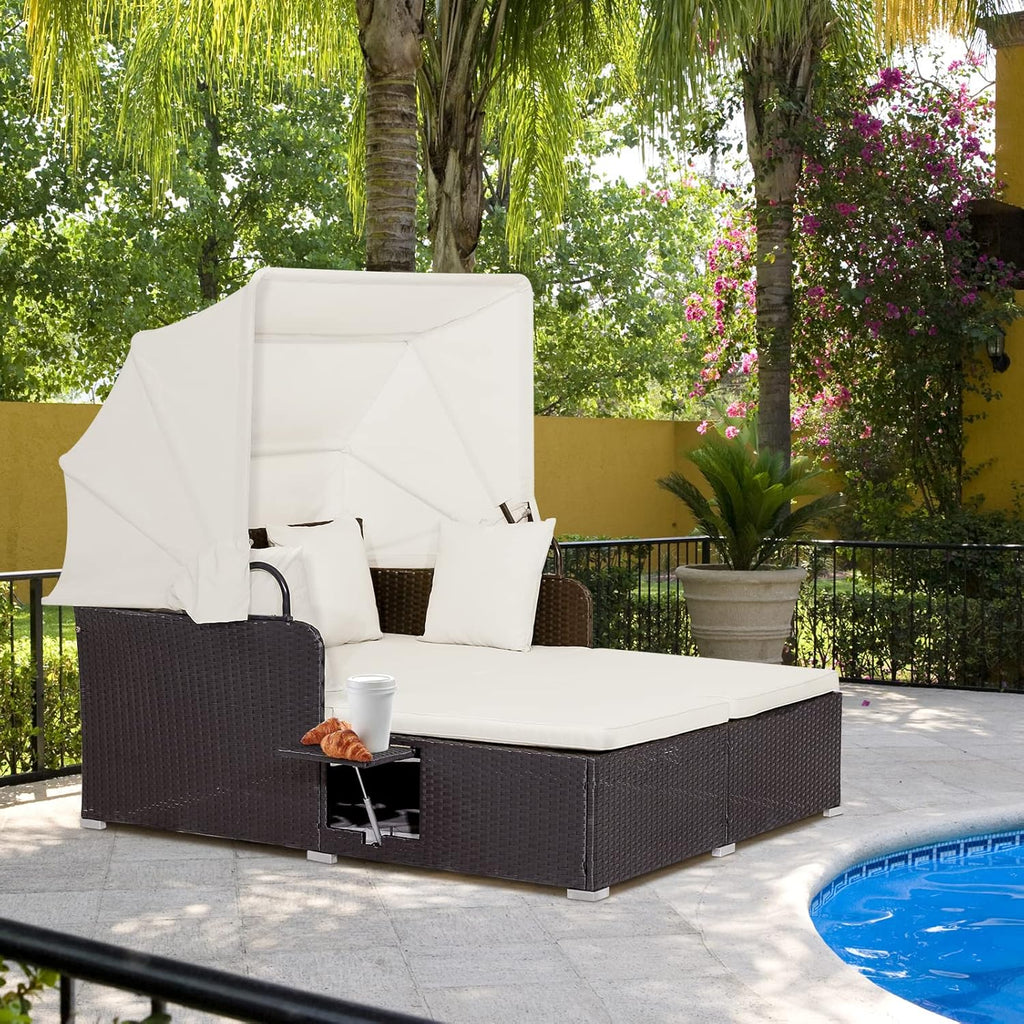 RELAX4LIFE Patio Outdoor Daybed with Canopy Wicker Sunbed Cushions 4 Pillows