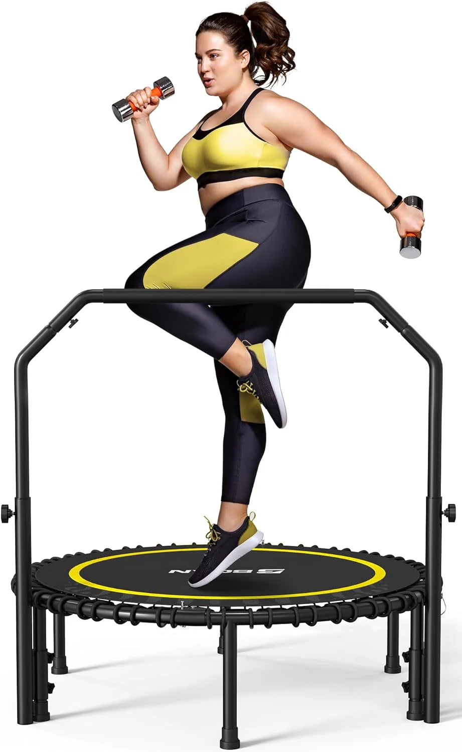 BCAN 450/550 LBS Foldable Mini Trampoline, 40/48 Fitness Trampoline with Bungees, U Shape Adjustable Foam Handle, Stable & Quiet Exercise Rebounder for Adults Indoor/Outdoor Workout